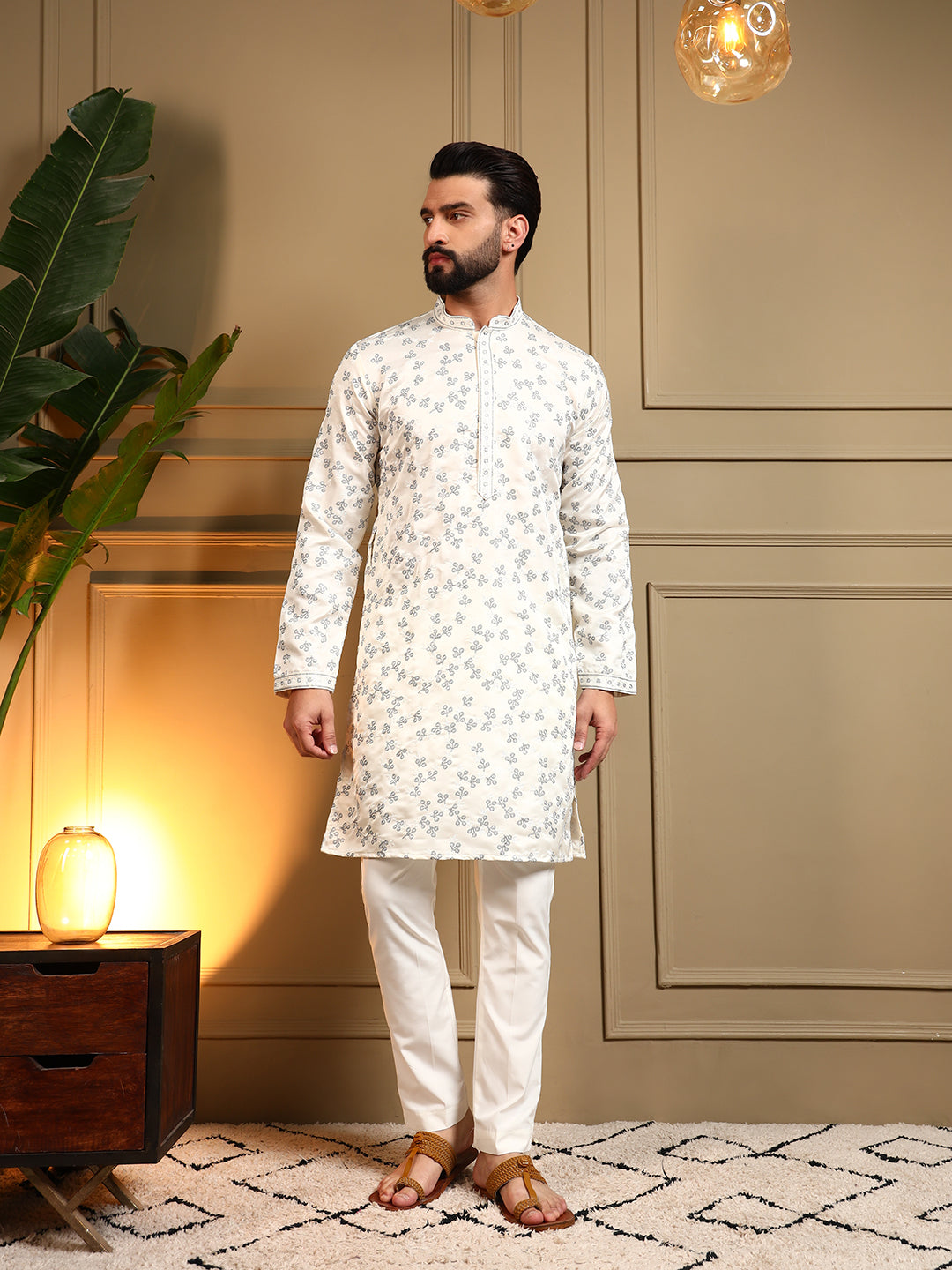 Off white Royal Silk kurta with sequins embroidery and matching pajama set