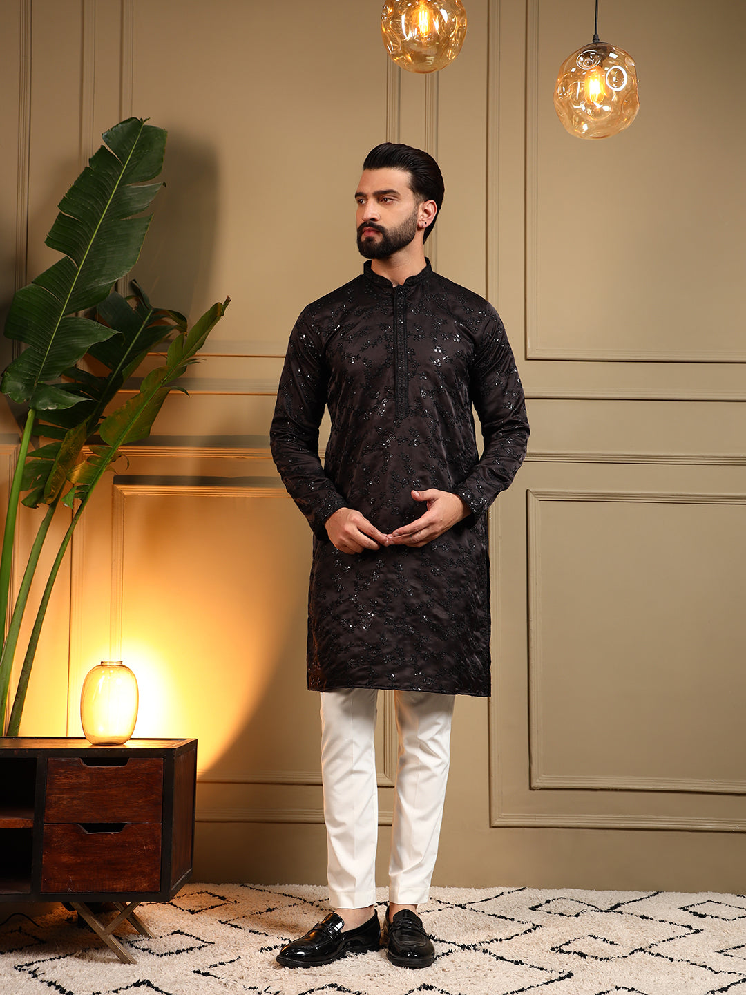 Men's black royal silk kurta with sequins embroidery and matching pajama set