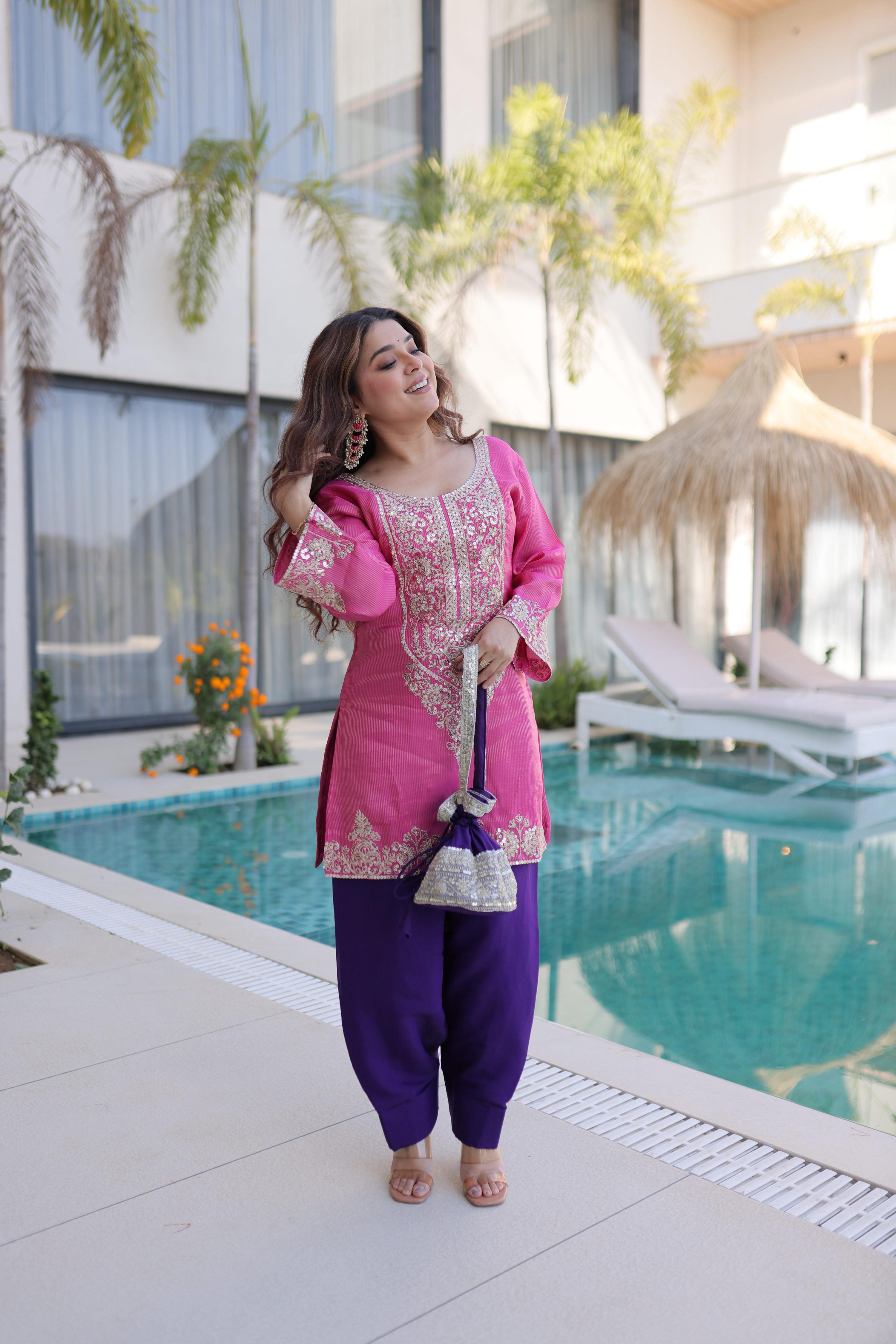 Pink Viscose Embroidered Designer Kurta Set with Matching Batwa