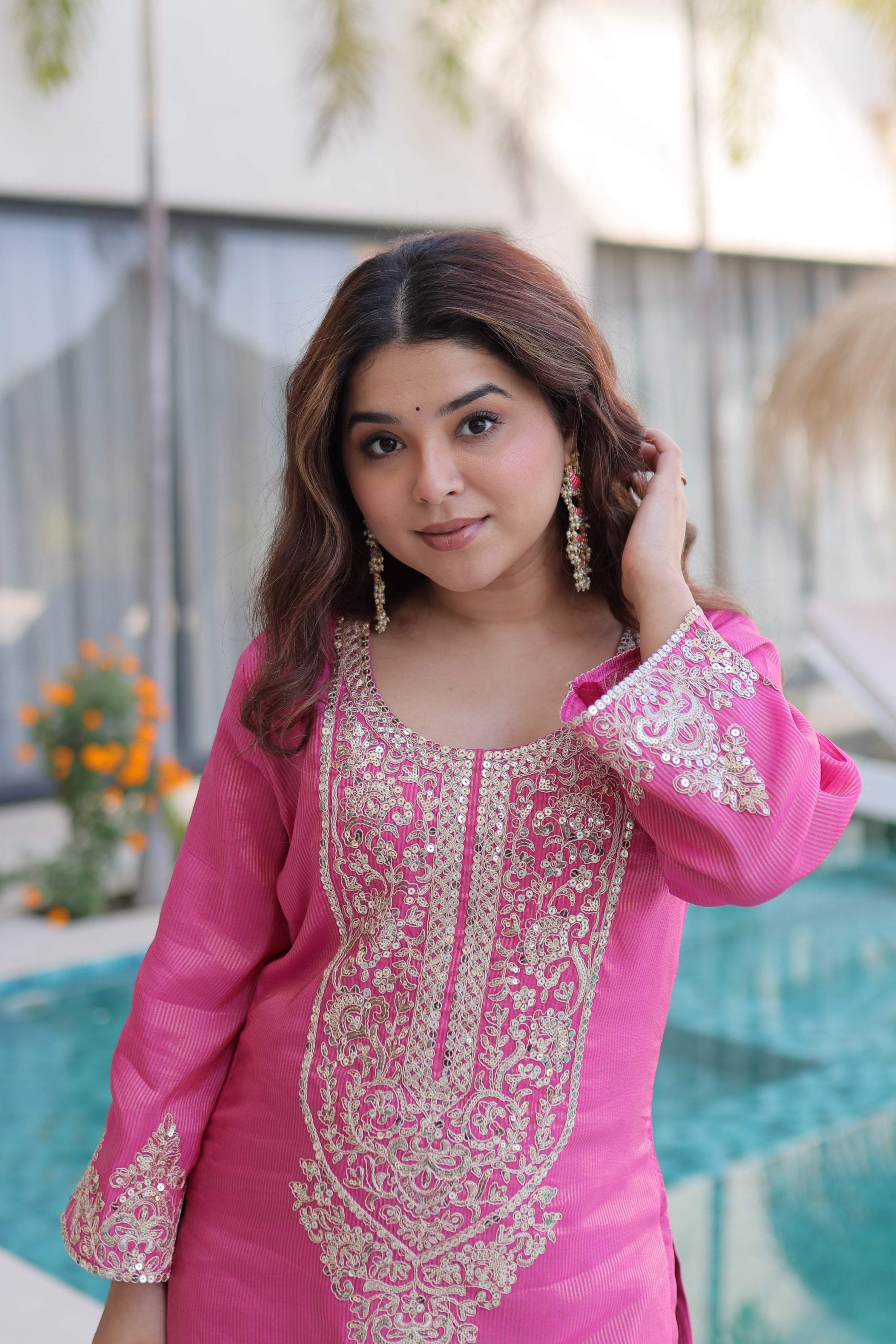 Pink Viscose Embroidered Designer Kurta Set with Matching Batwa
