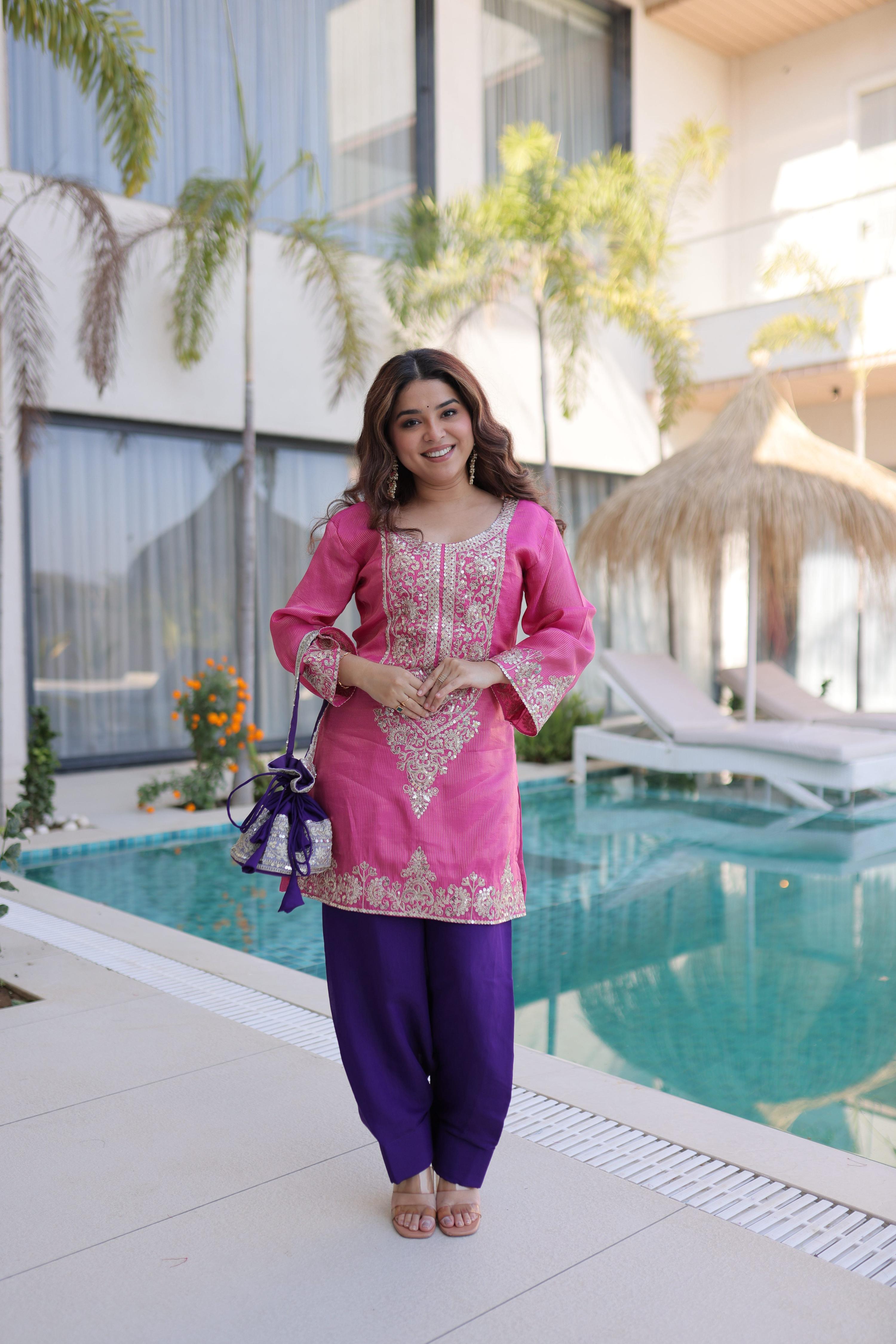 Jyoti Fashion pink viscose straight kurta with sequins and zari embroidery featuring bell sleeves and matching batwa