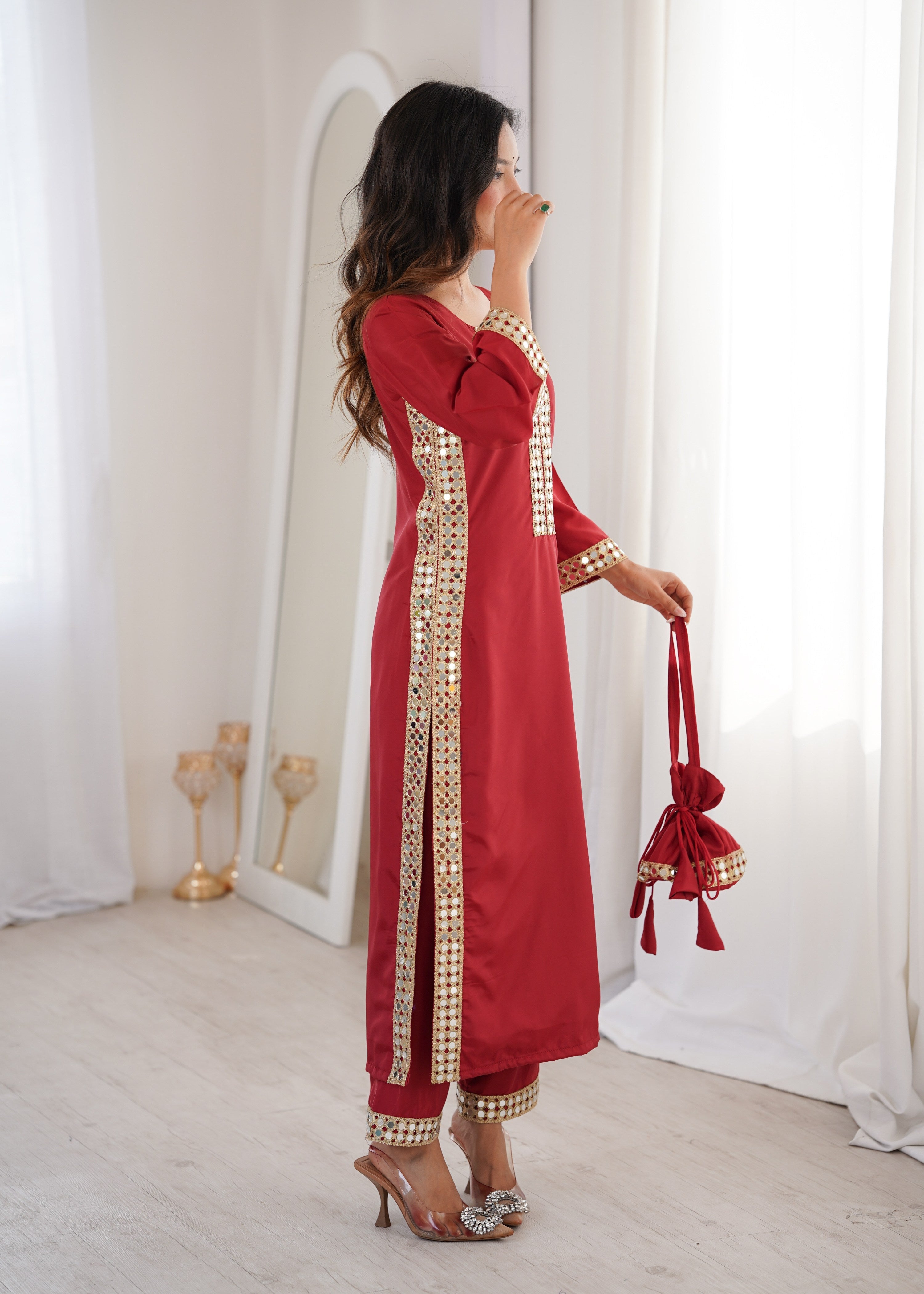 Maroon Natural Crepe Designer Kurta Set with Real Mirror Lace Work