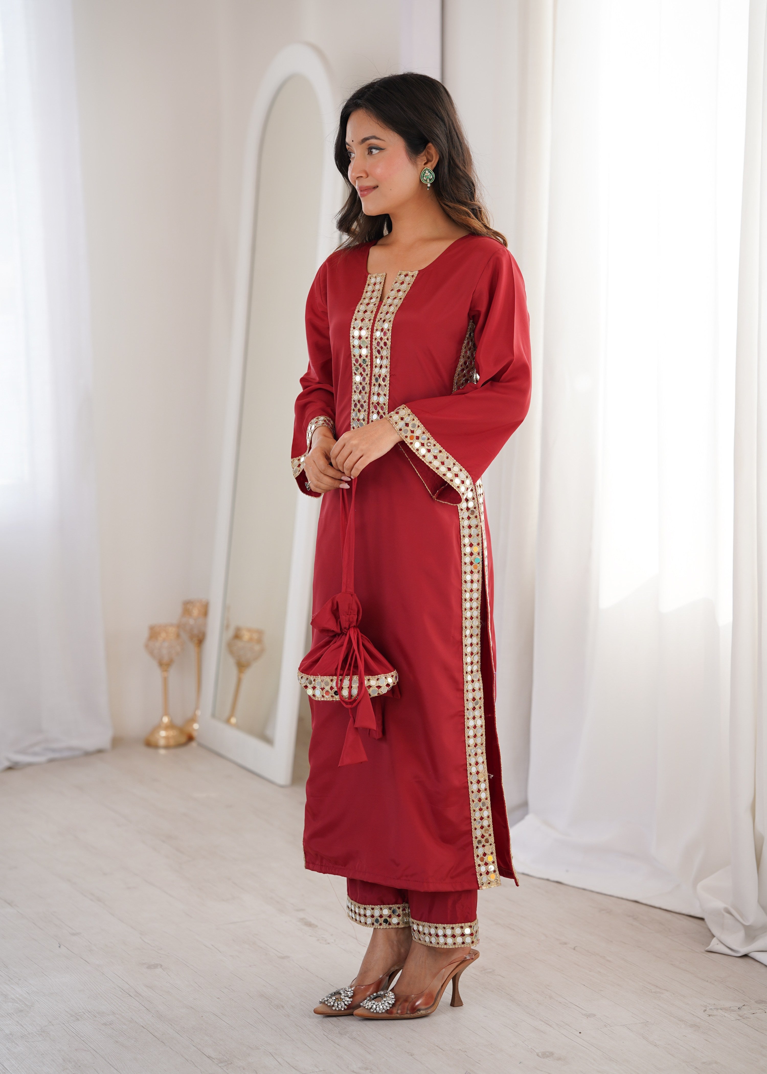 Maroon Natural Crepe Designer Kurta Set with Real Mirror Lace Work