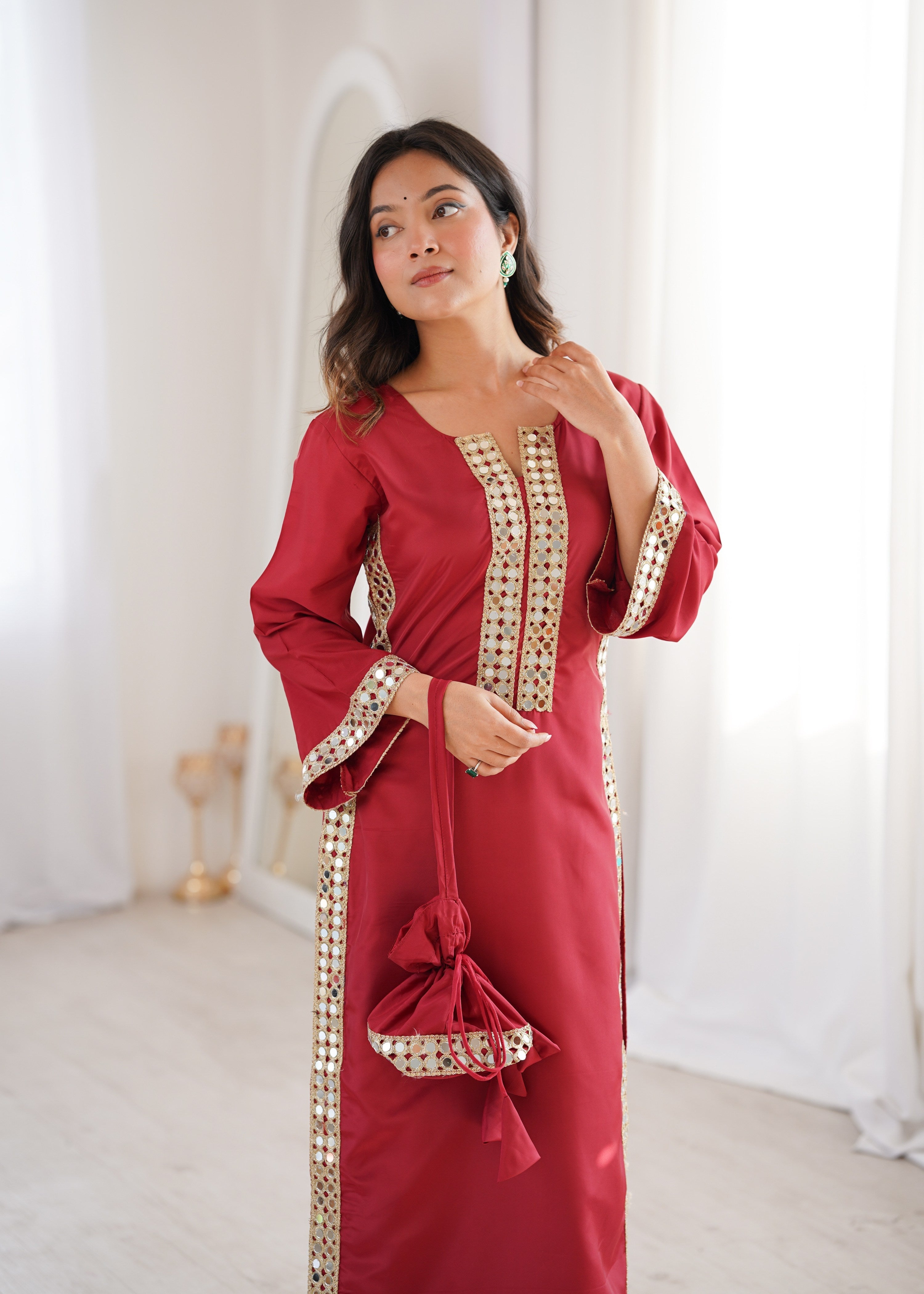 Maroon Natural Crepe Designer Kurta Set with Real Mirror Lace Work