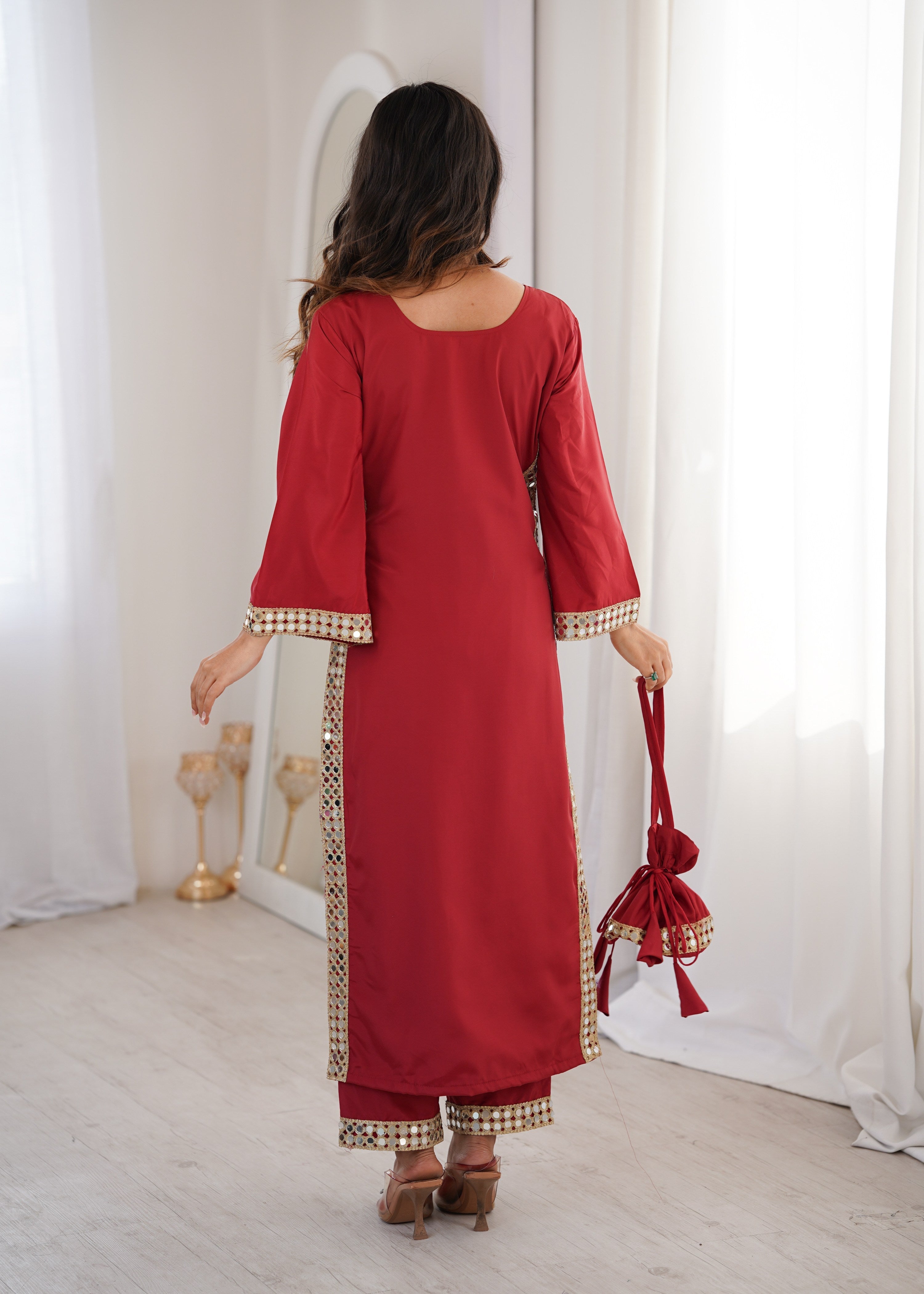 Maroon Natural Crepe Designer Kurta Set with Real Mirror Lace Work