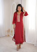 Maroon natural crepe kurta set with real mirror lace work and bell sleeves, including a matching Batwa.
