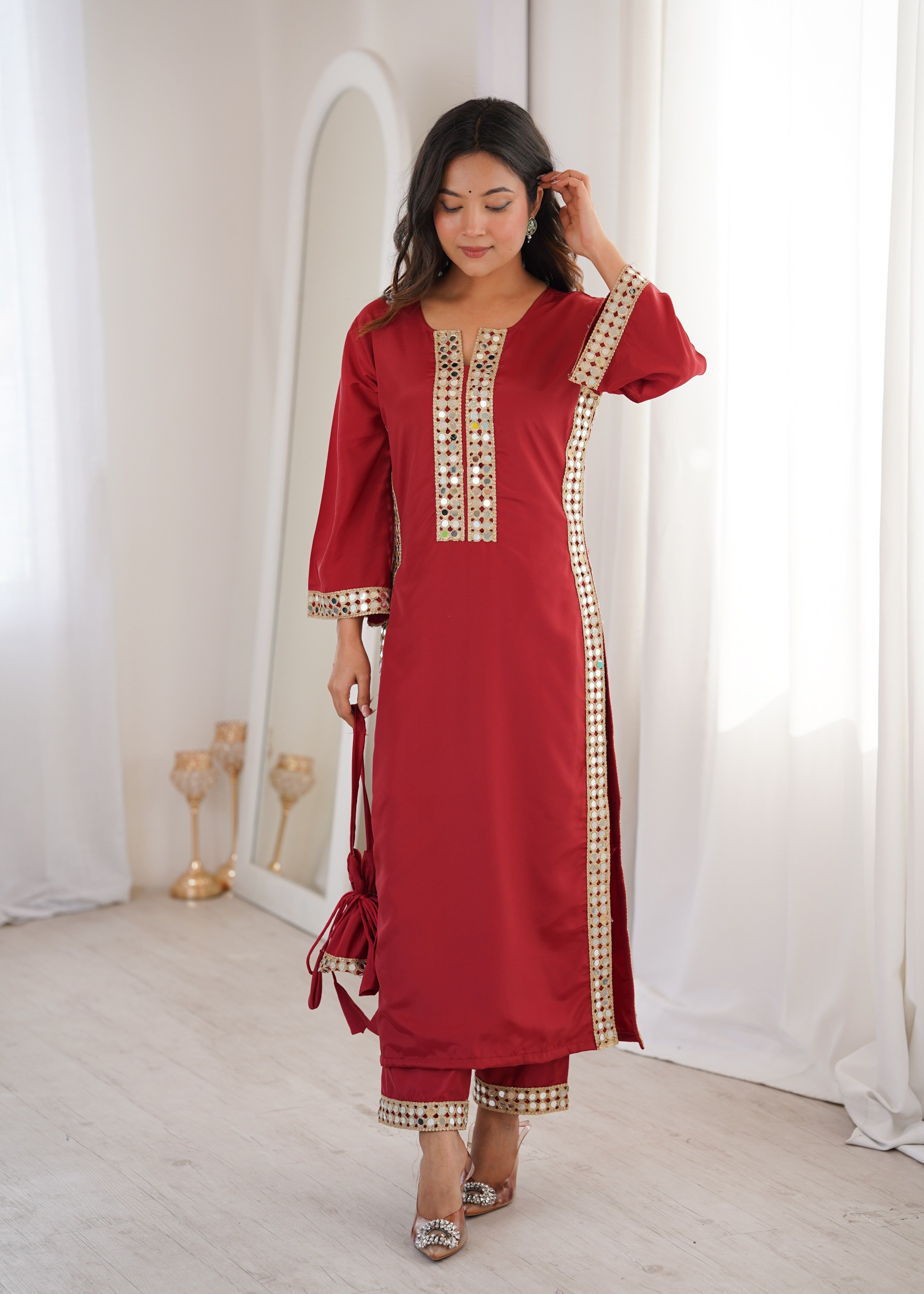 Maroon natural crepe kurta set with real mirror lace work and bell sleeves, including a matching Batwa.