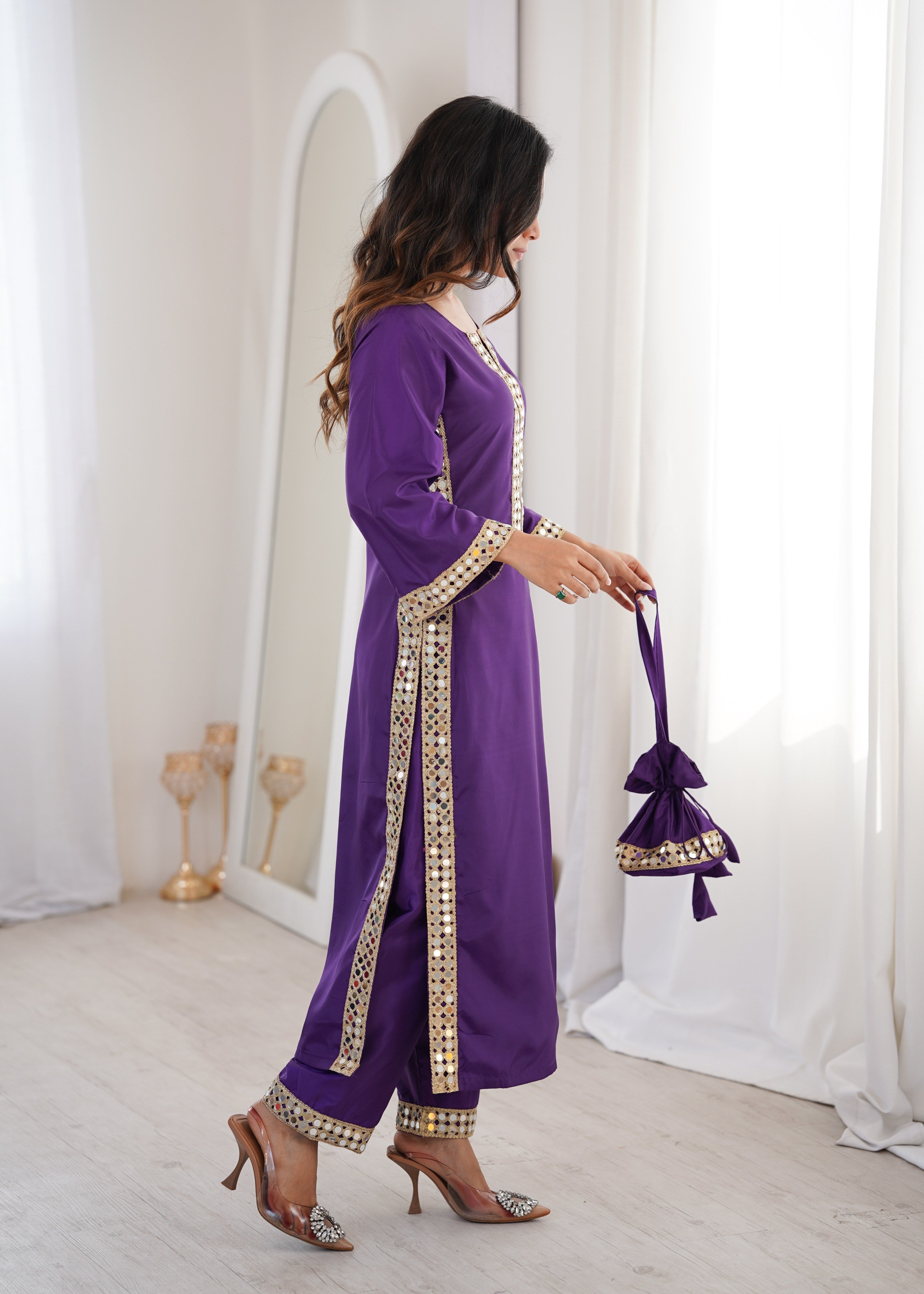Purple Natural Crepe Designer Kurta Set with Real Mirror Lace Work