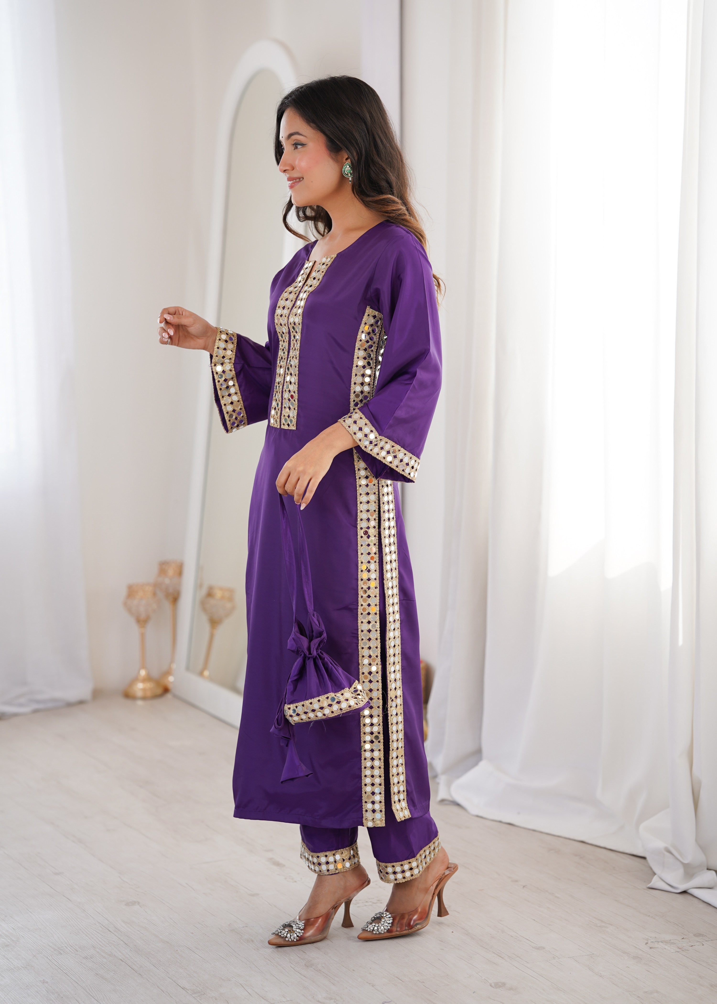 Purple Natural Crepe Designer Kurta Set with Real Mirror Lace Work