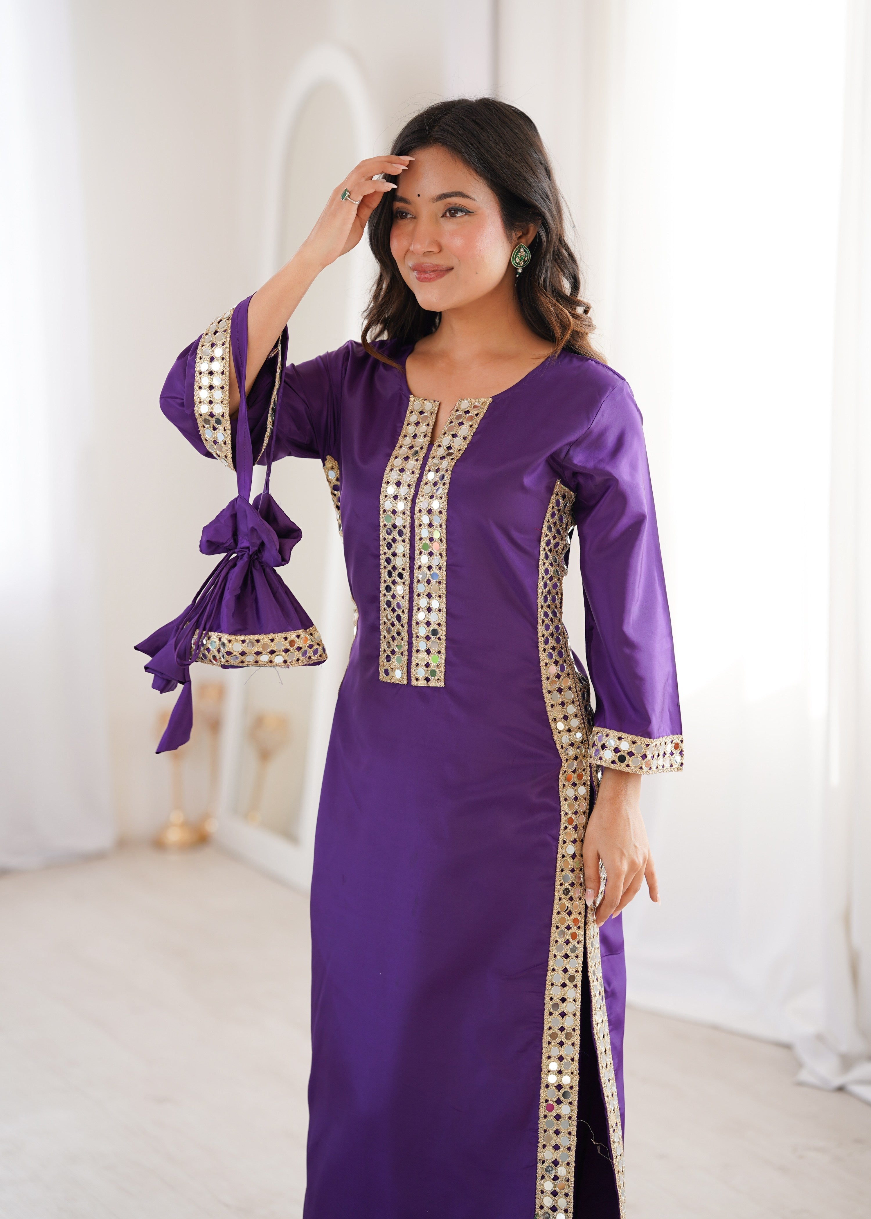 Purple Natural Crepe Designer Kurta Set with Real Mirror Lace Work