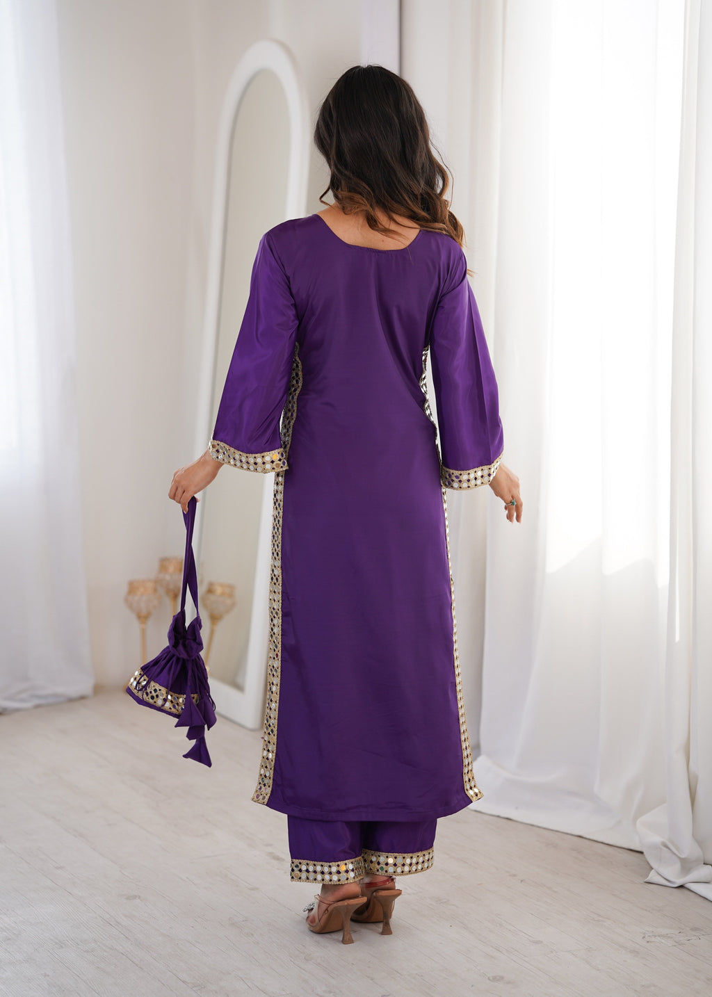 Purple Natural Crepe Designer Kurta Set with Real Mirror Lace Work