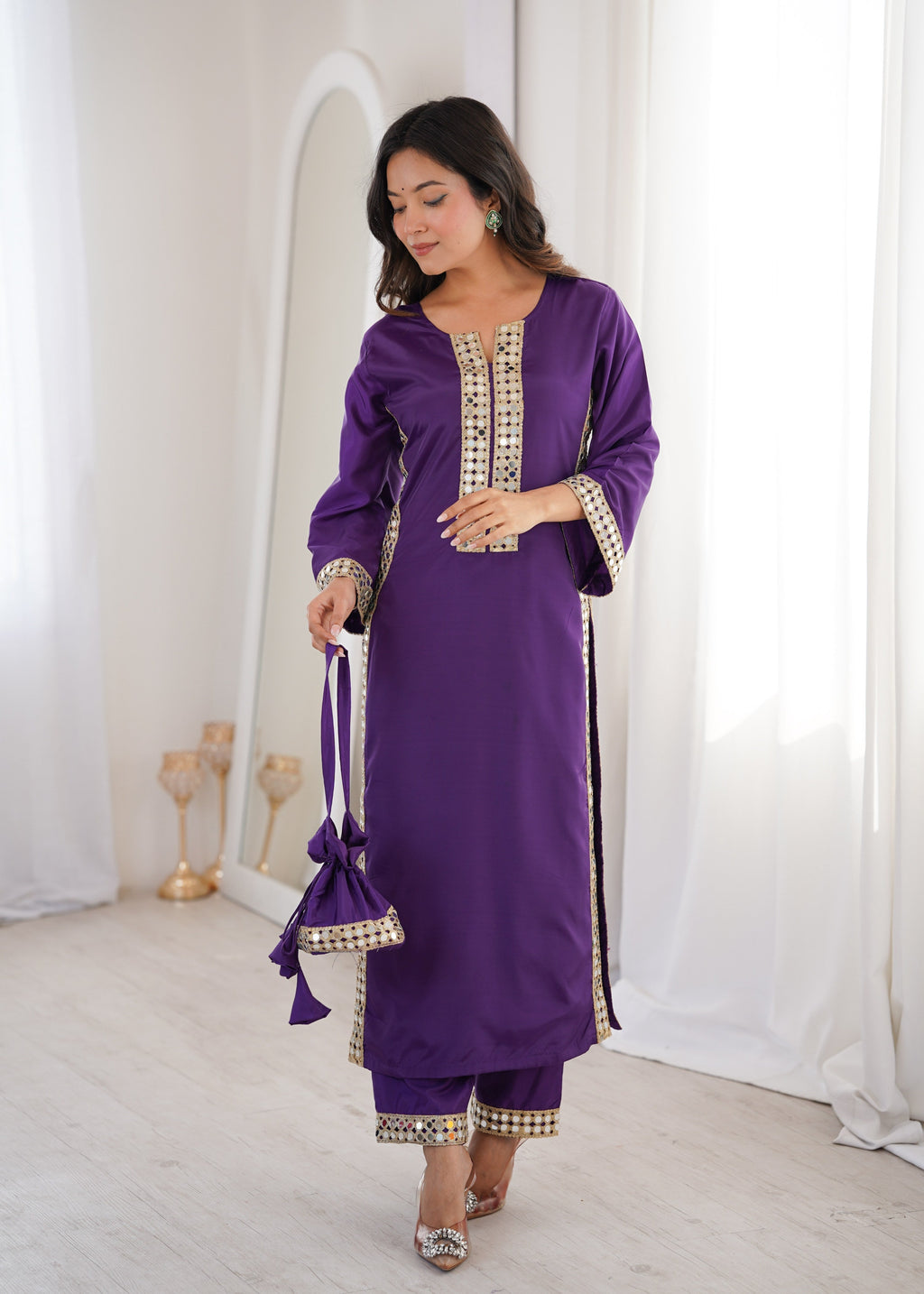 Purple Natural Crepe designer kurta set with mirror lace work and matching batwa