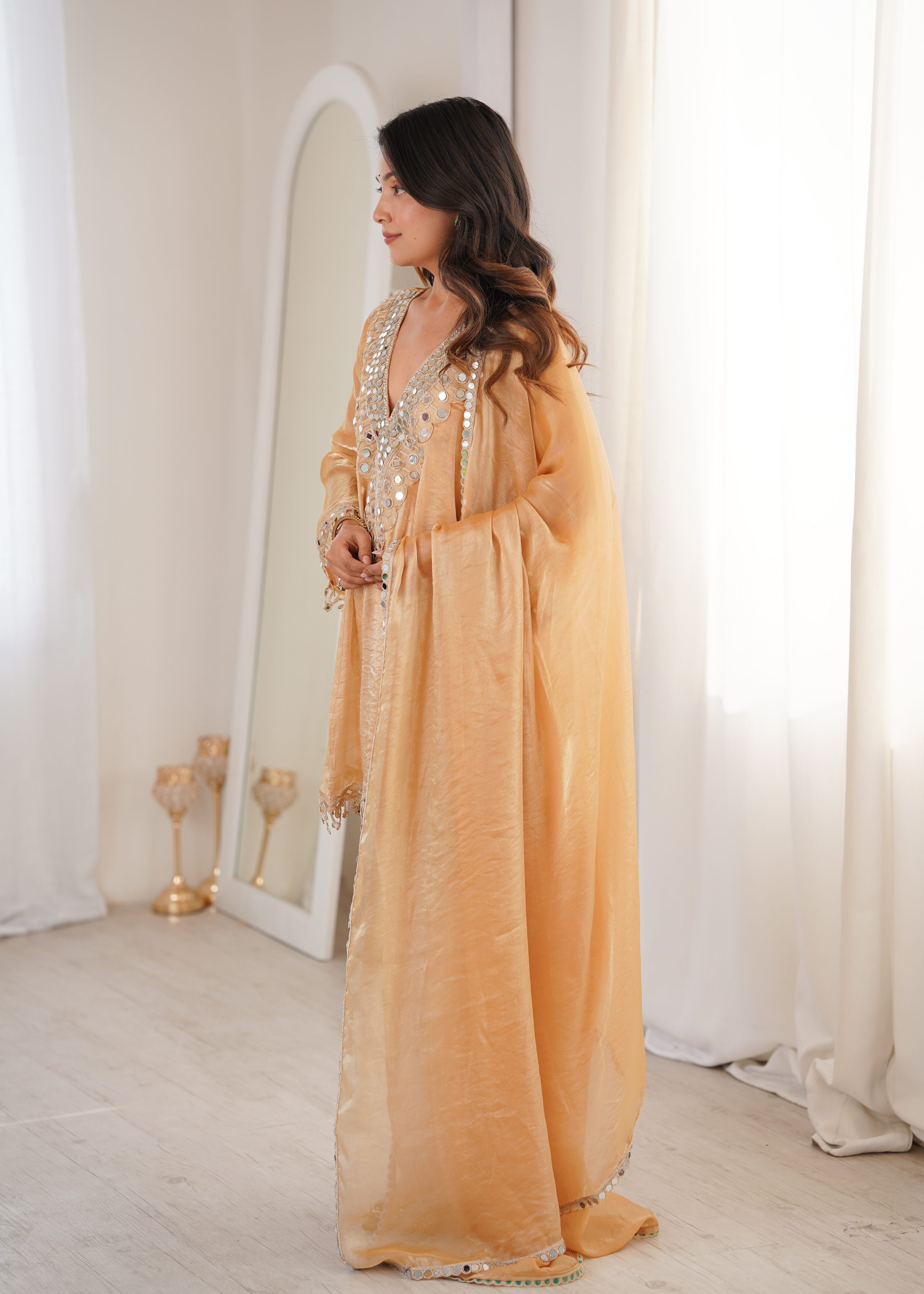 Beige Fendy Embroidered Straight Kurta Set with Mirror Work & Dupatta