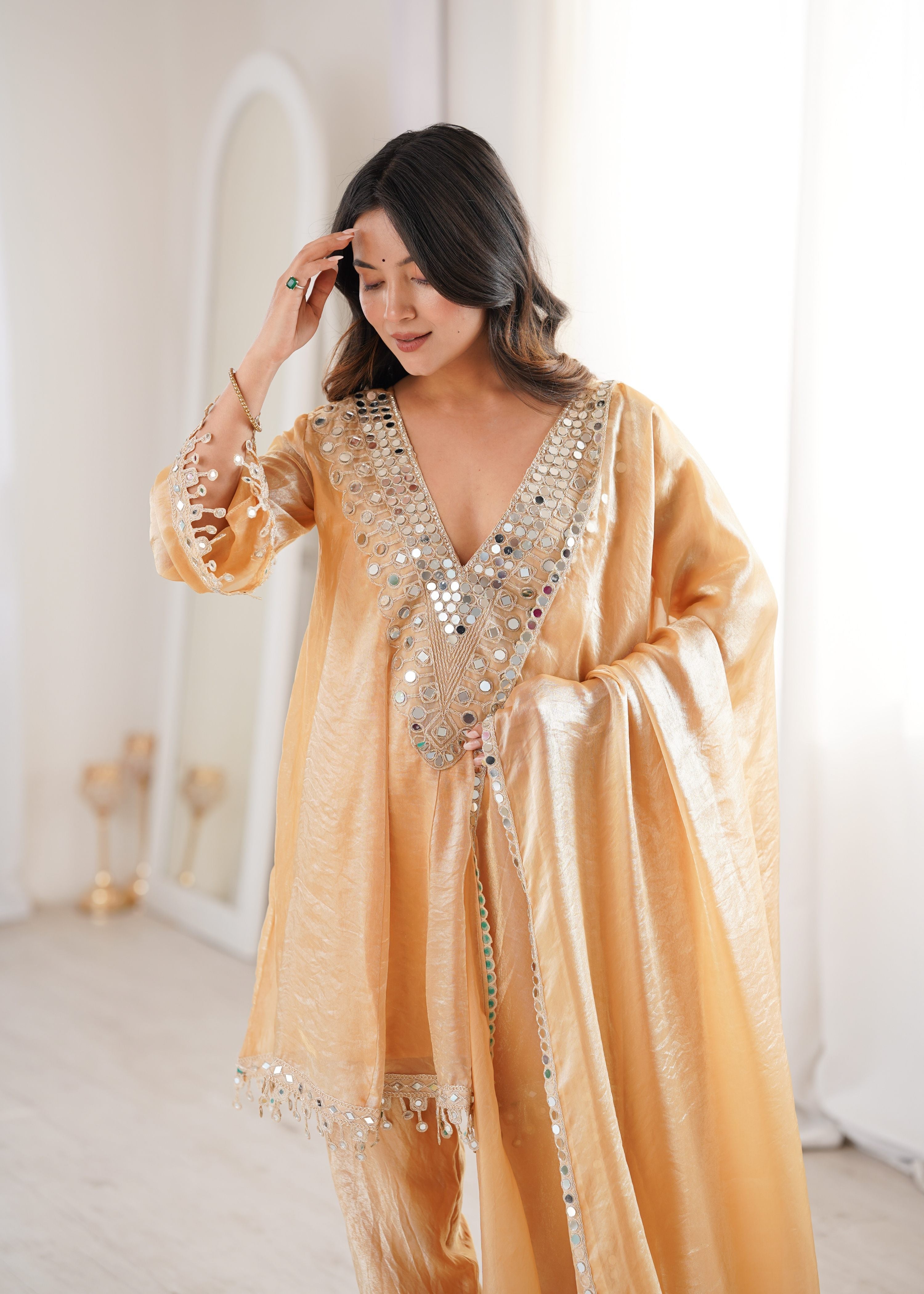 Beige Fendy Embroidered Straight Kurta Set with Mirror Work & Dupatta