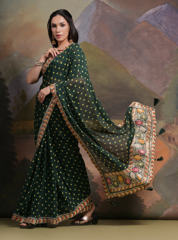 Bottle Green Georgette Saree with Coding Sequence Work