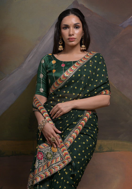 Bottle Green Georgette Saree with Coding Sequence Work