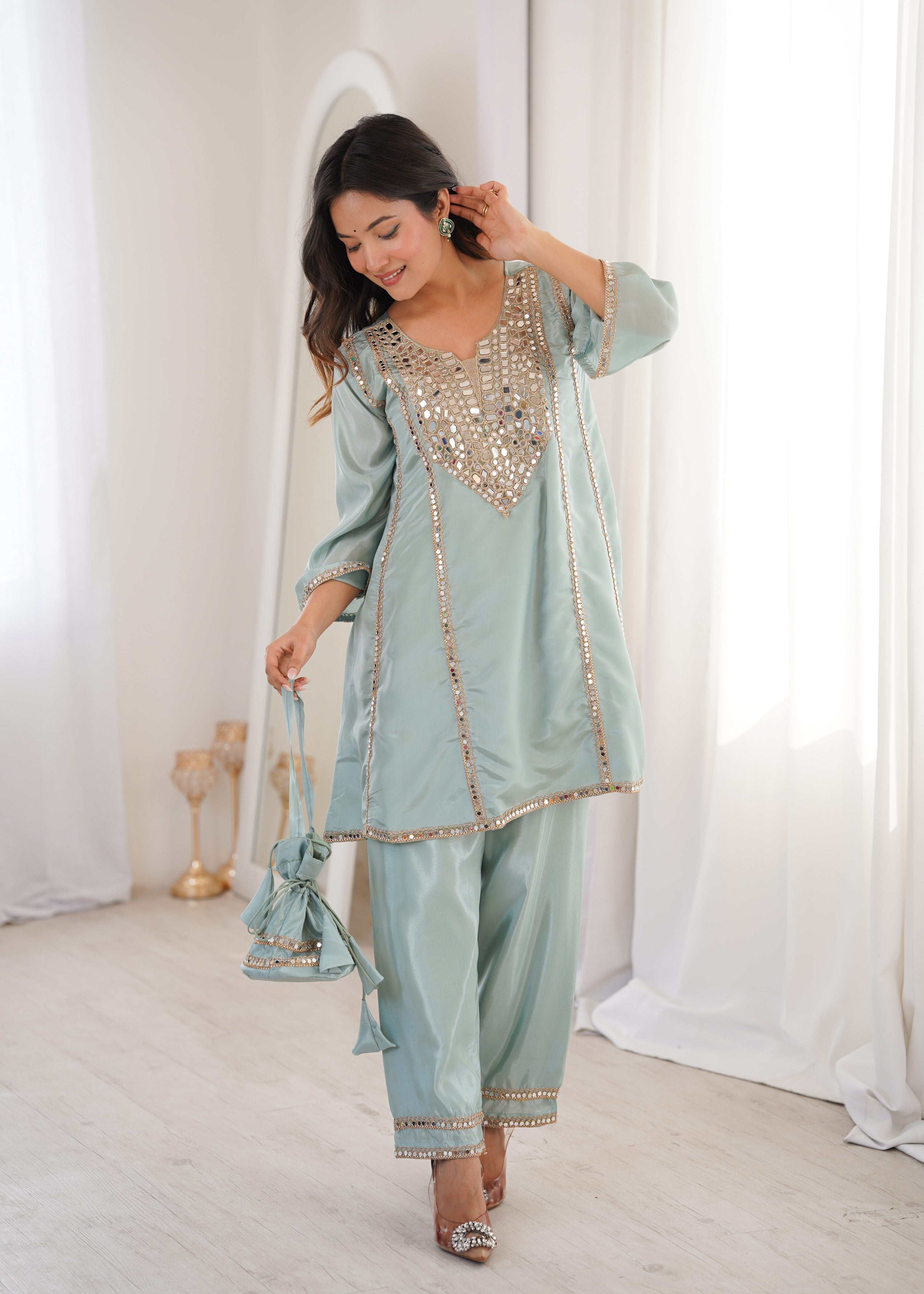 Sky Blue HO Silk Embroidered Kurta Set with Designer Batwa