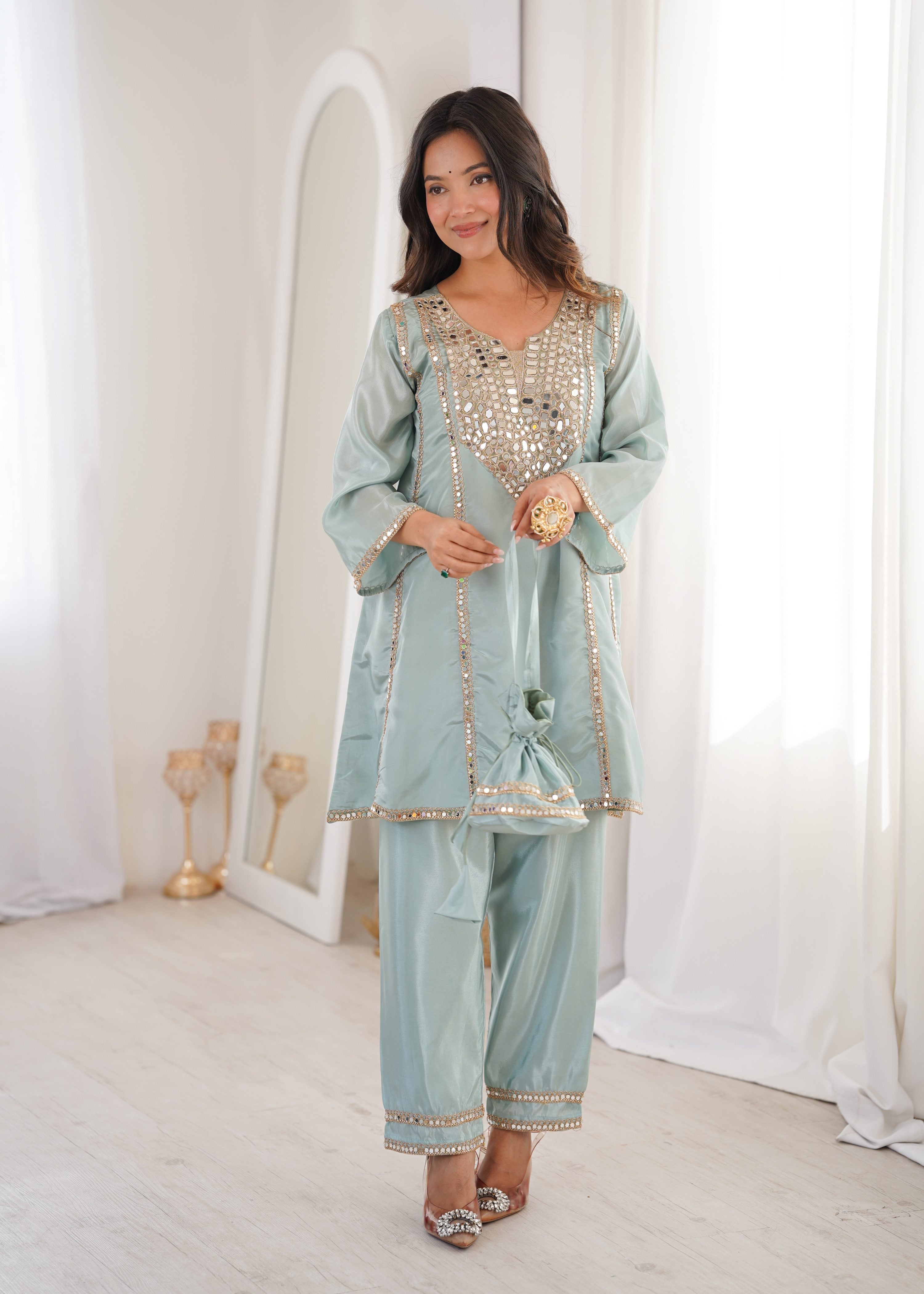 Sky blue HO silk designer kurta set with mirror embroidery and matching batwa
