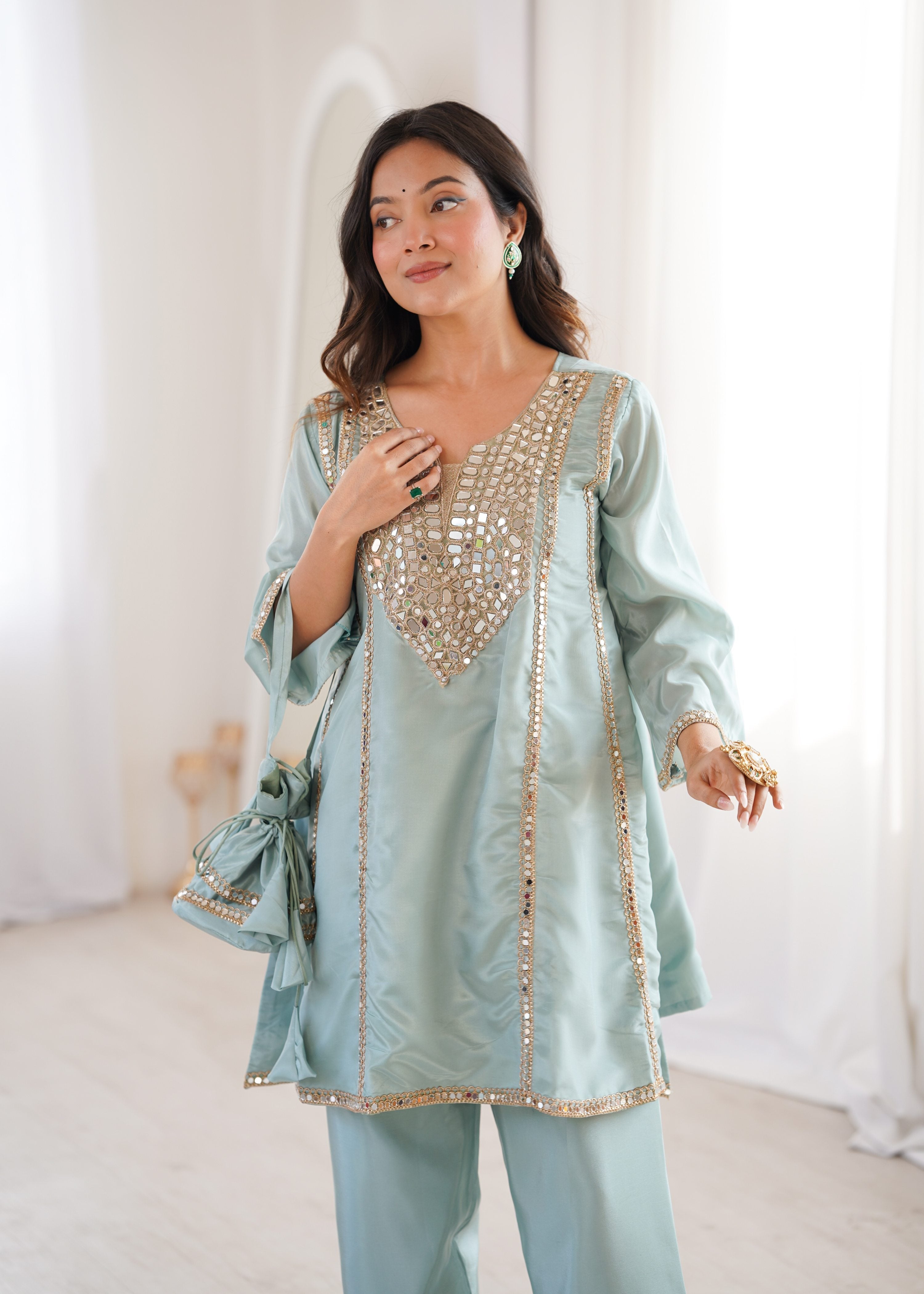 Sky Blue HO Silk Embroidered Kurta Set with Designer Batwa
