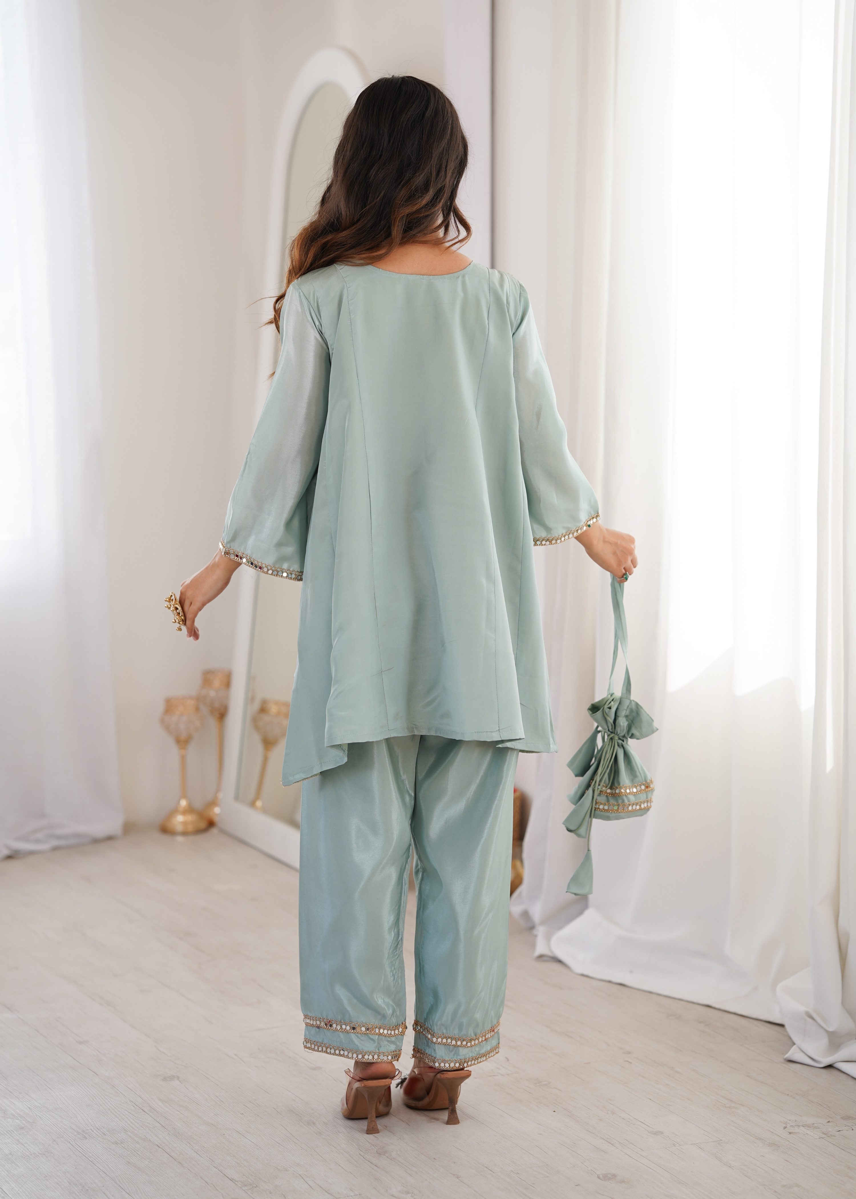 Sky Blue HO Silk Embroidered Kurta Set with Designer Batwa