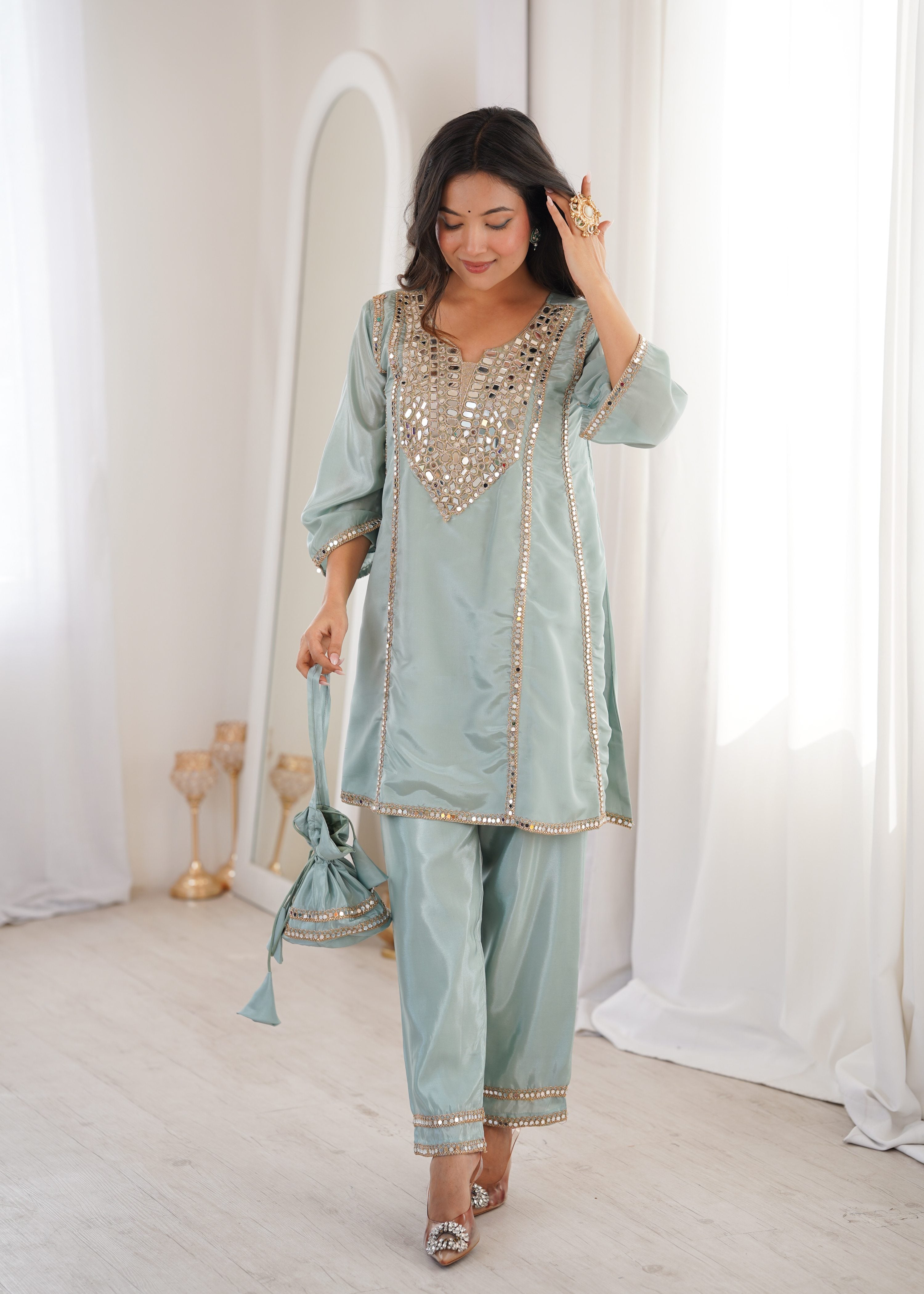 Sky Blue HO Silk Embroidered Kurta Set with Designer Batwa