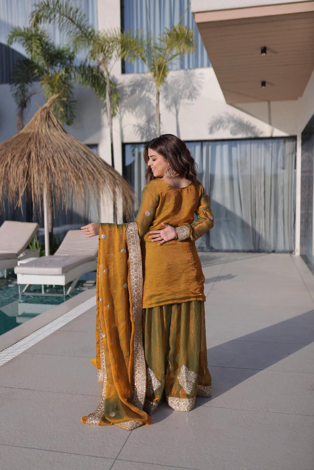 Mustard Fendy Chiffon Embroidered Designer Sharara Top & Set