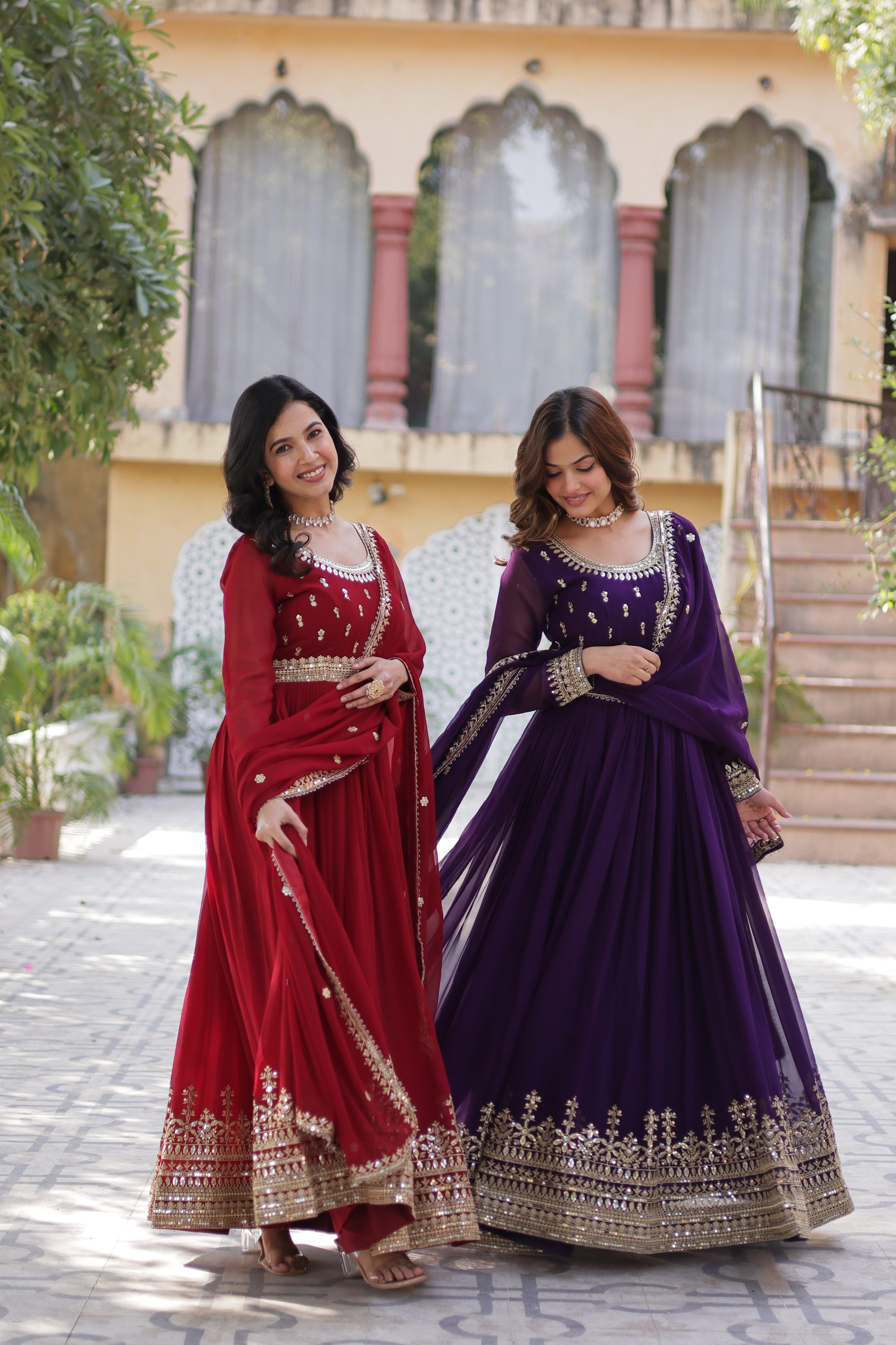 Maroon & Purple Faux Blooming Embroidered Anarkali Set With Dupatta
