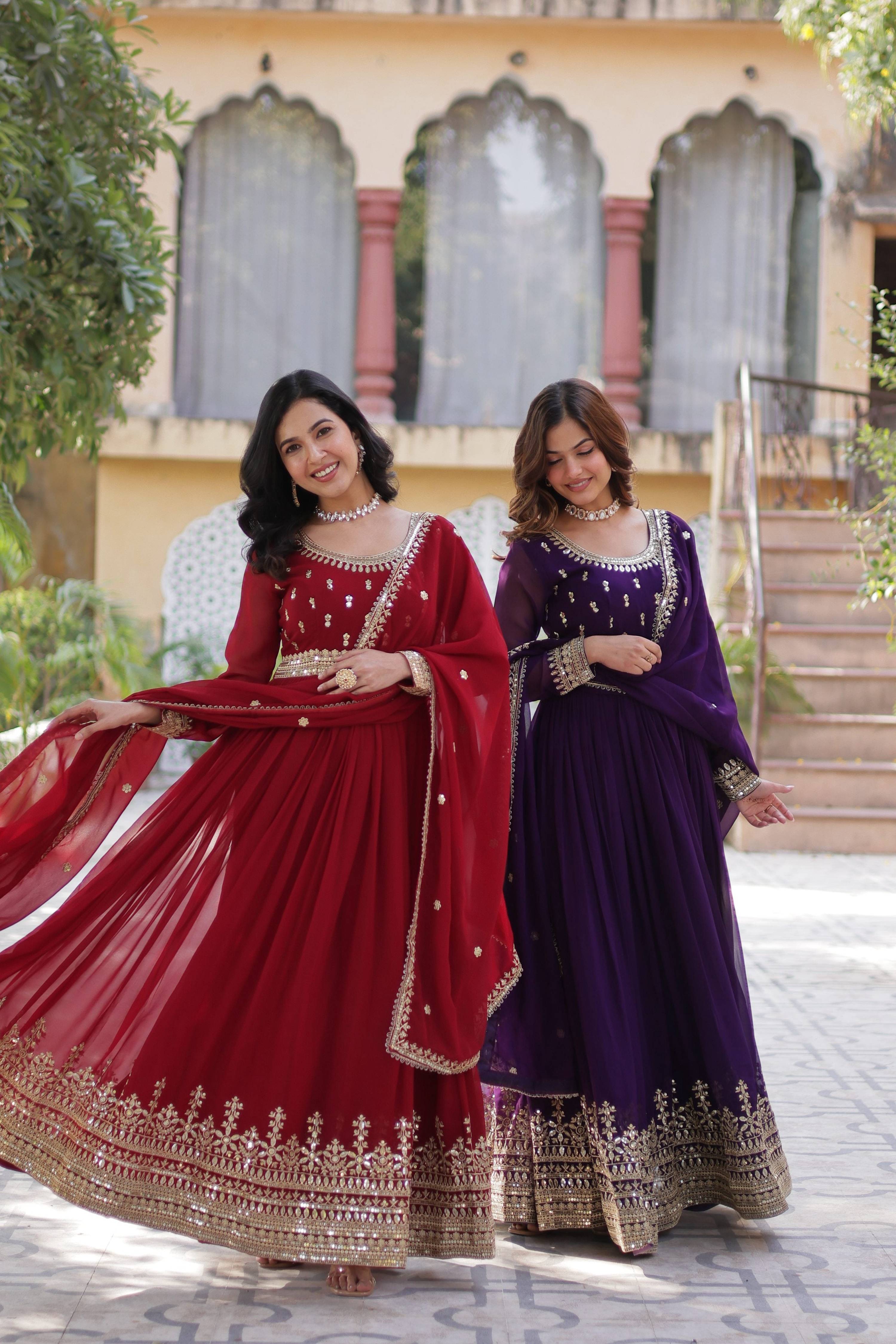 Jyoti Fashion Maroon and Purple Anarkali set featuring sequins and zari embroidery with full sleeves.