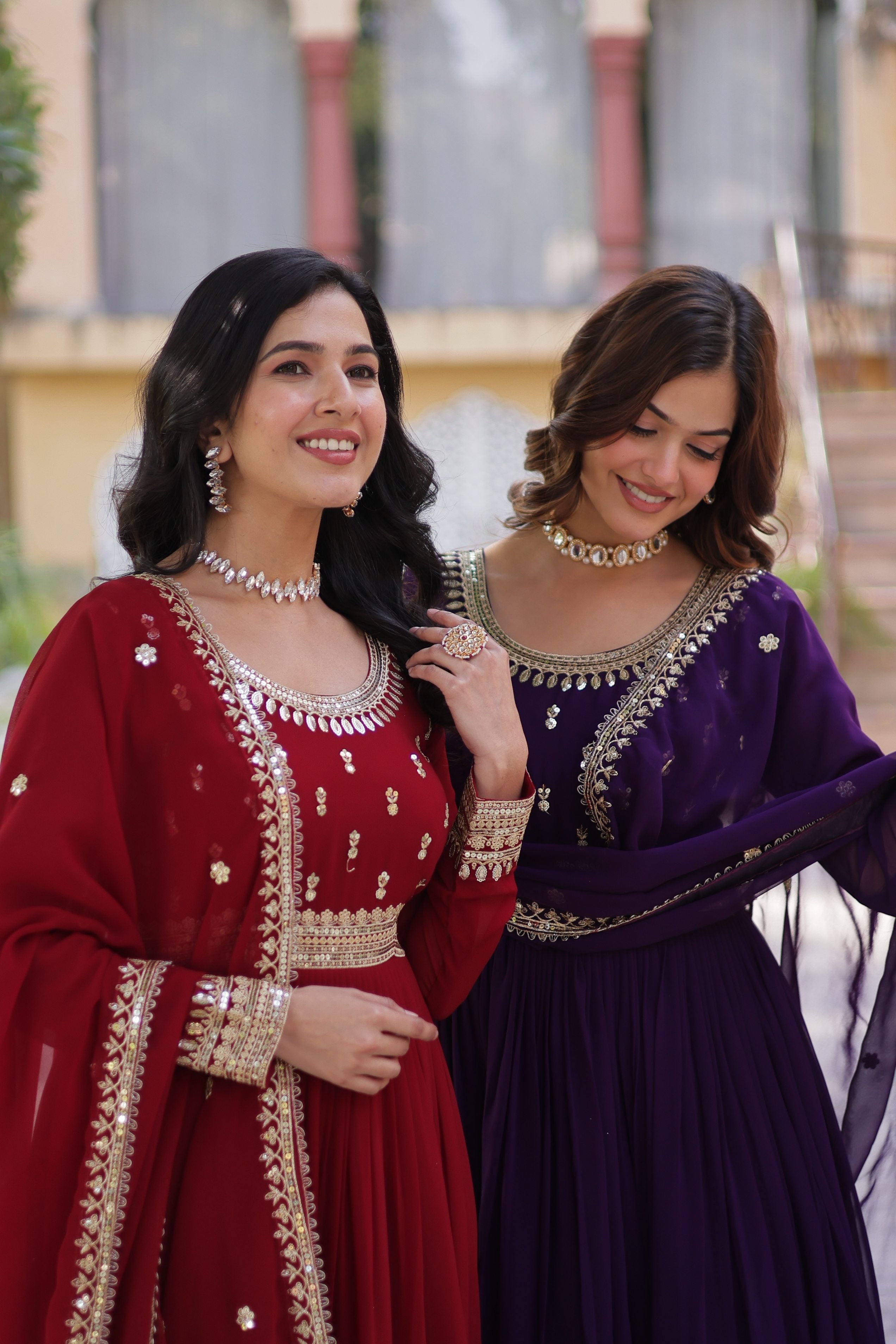 Maroon & Purple Faux Blooming Embroidered Anarkali Set With Dupatta