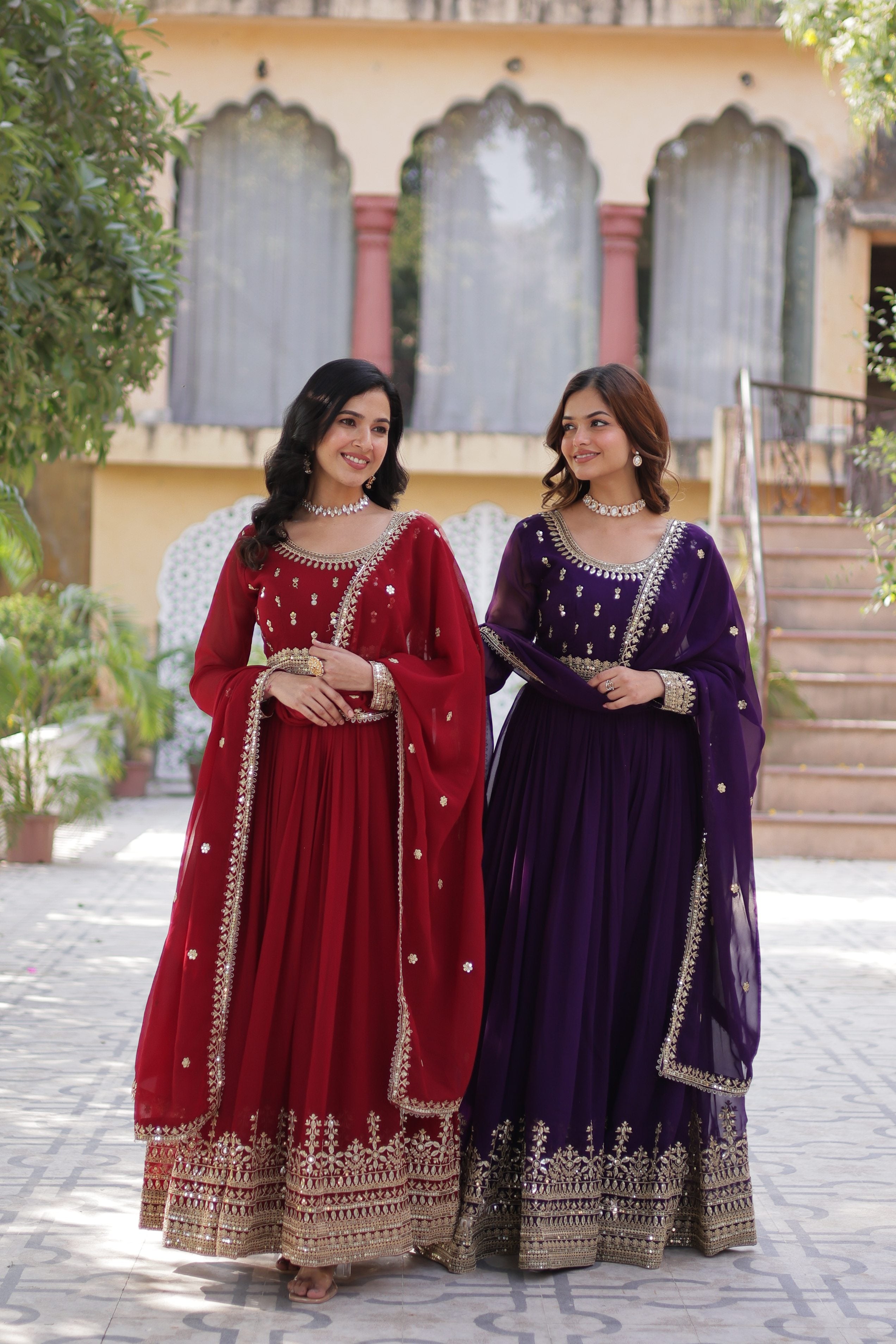 Maroon & Purple Faux Blooming Embroidered Anarkali Set With Dupatta