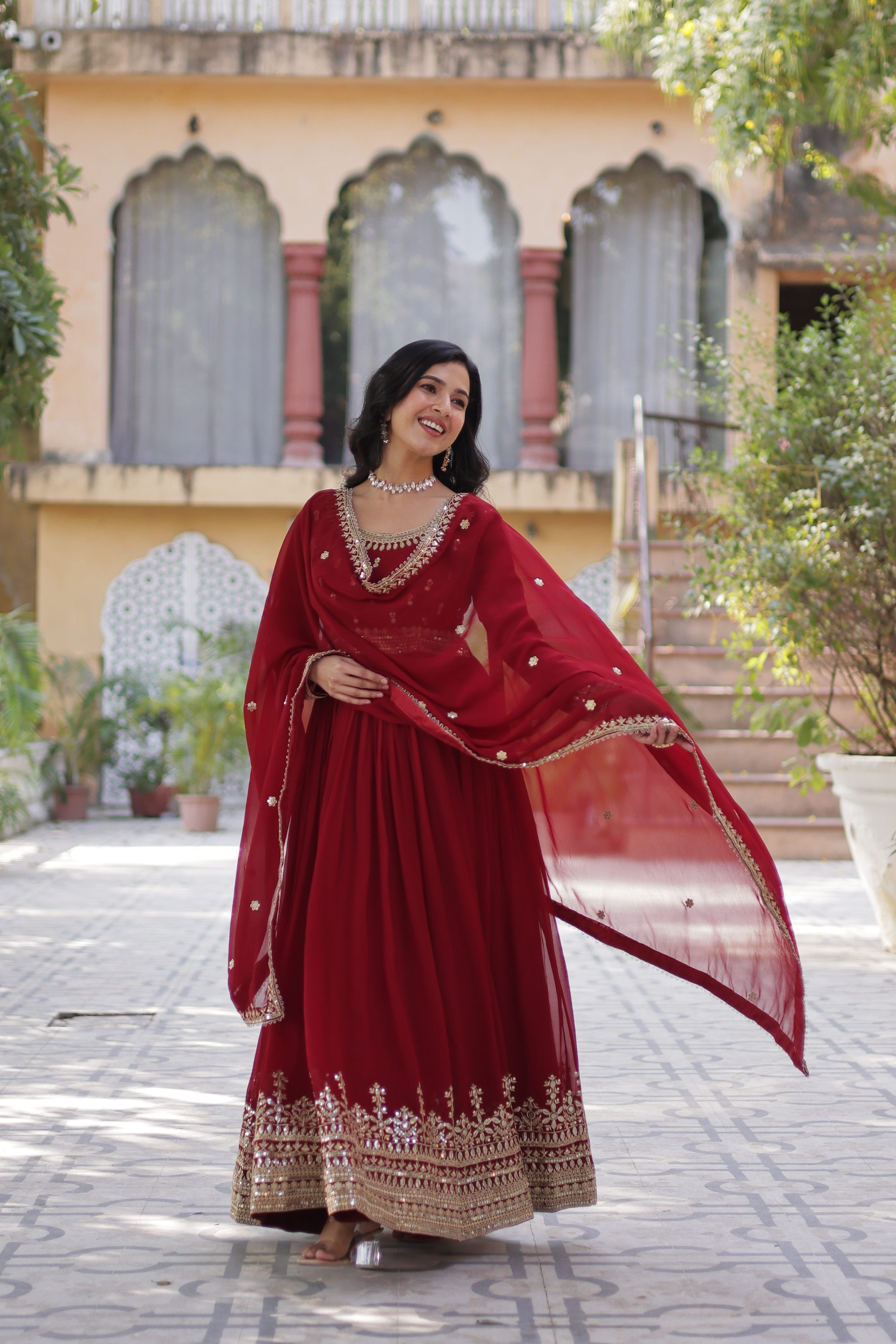 Maroon Faux Blooming Embroidered Anarkali Set with Dupatta