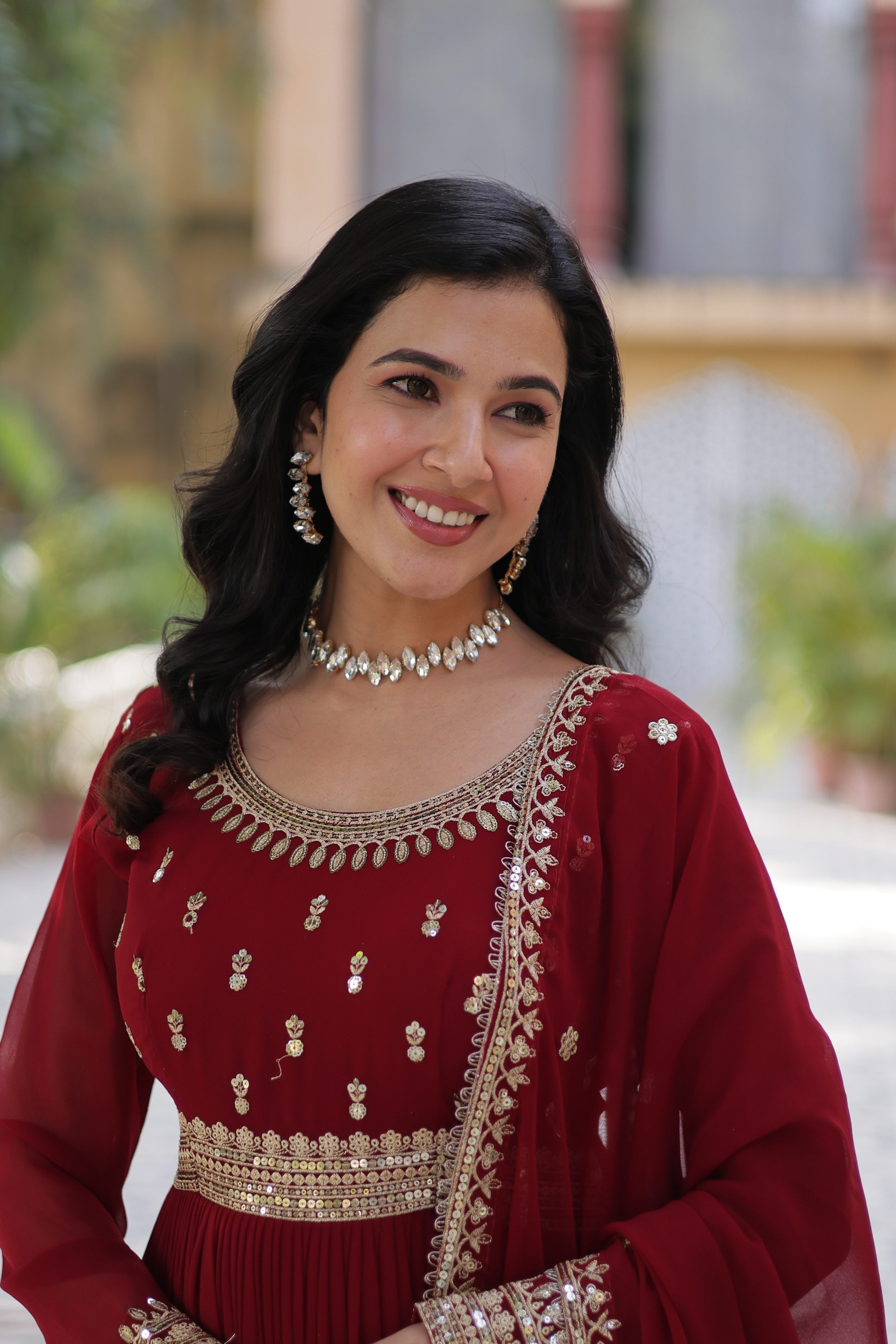 Maroon Faux Blooming Embroidered Anarkali Set with Dupatta