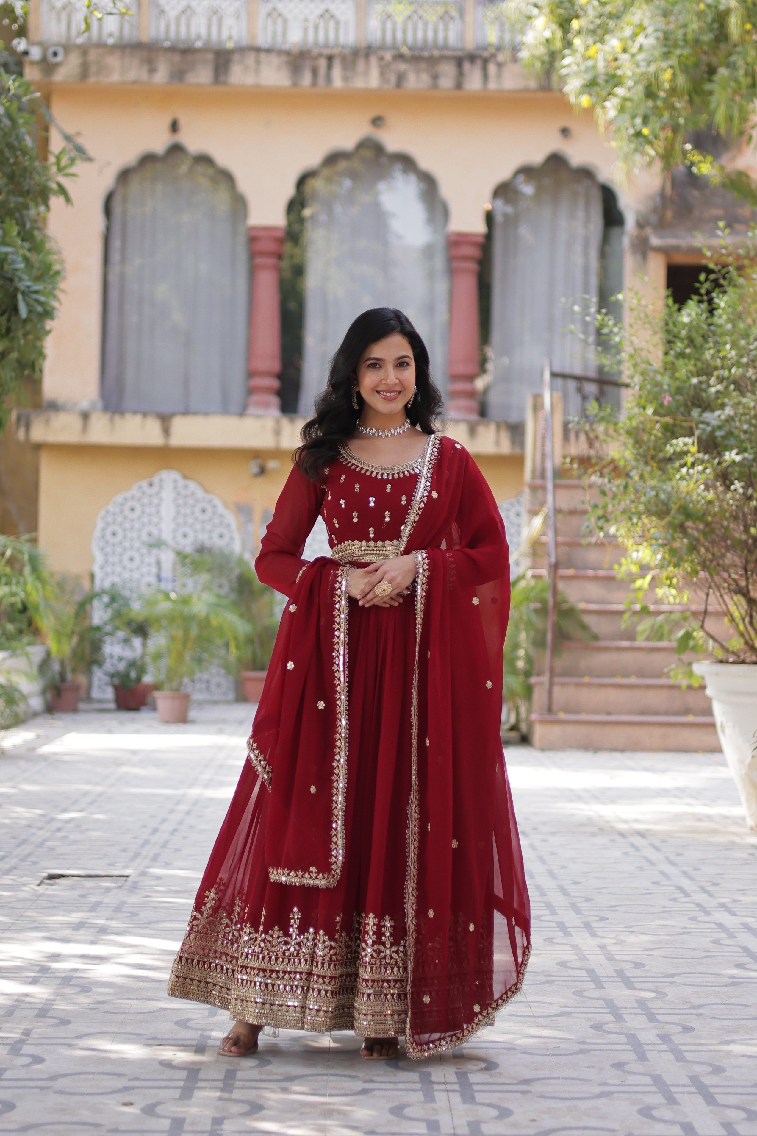 Maroon Faux Blooming Embroidered Anarkali Set with Dupatta
