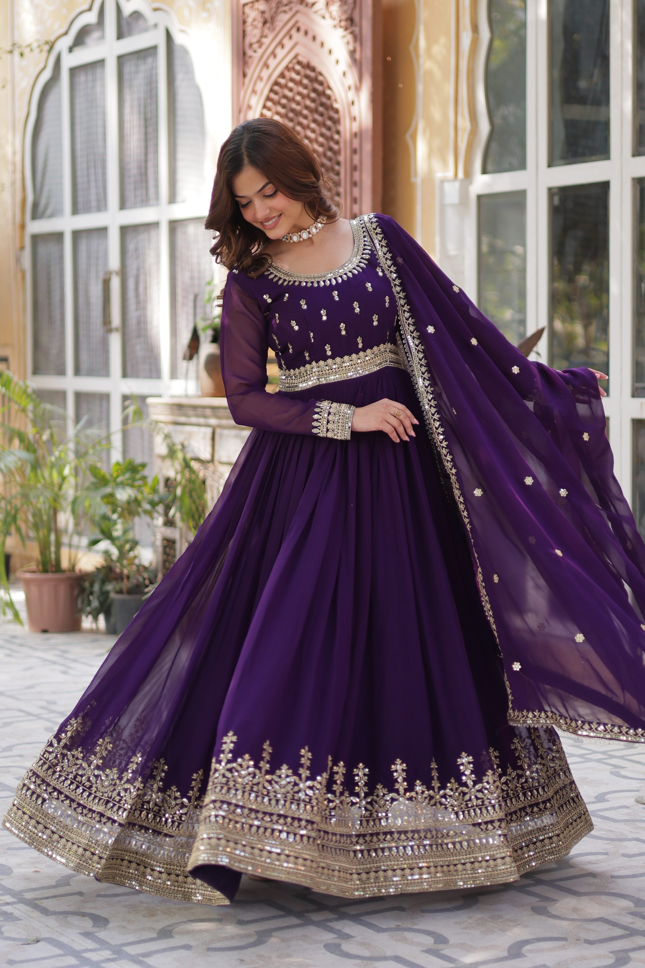 Purple Faux Blooming Anarkali Set with Sequins and Zari Embroidery