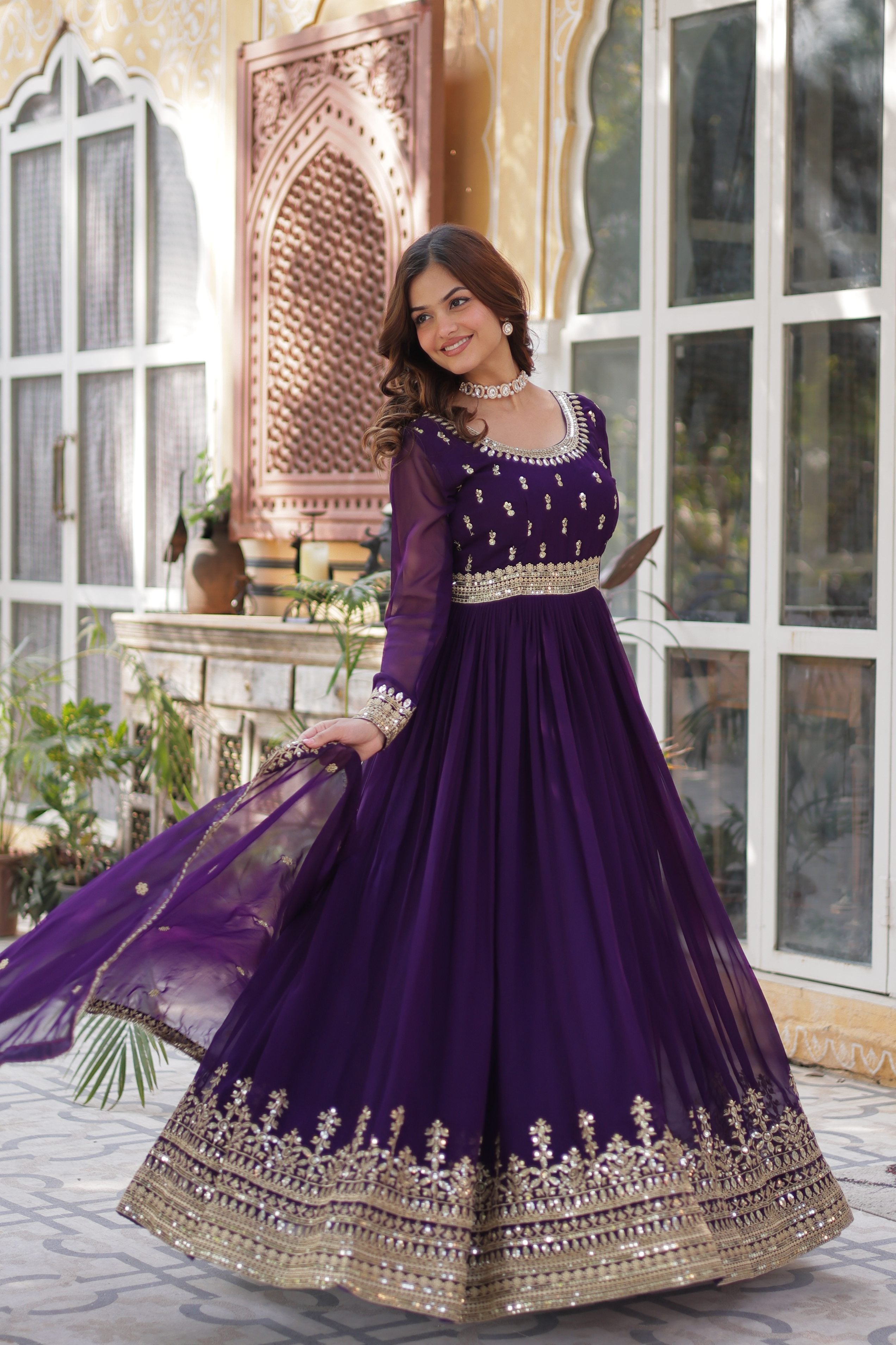 Purple Faux Blooming Anarkali Set with Sequins and Zari Embroidery