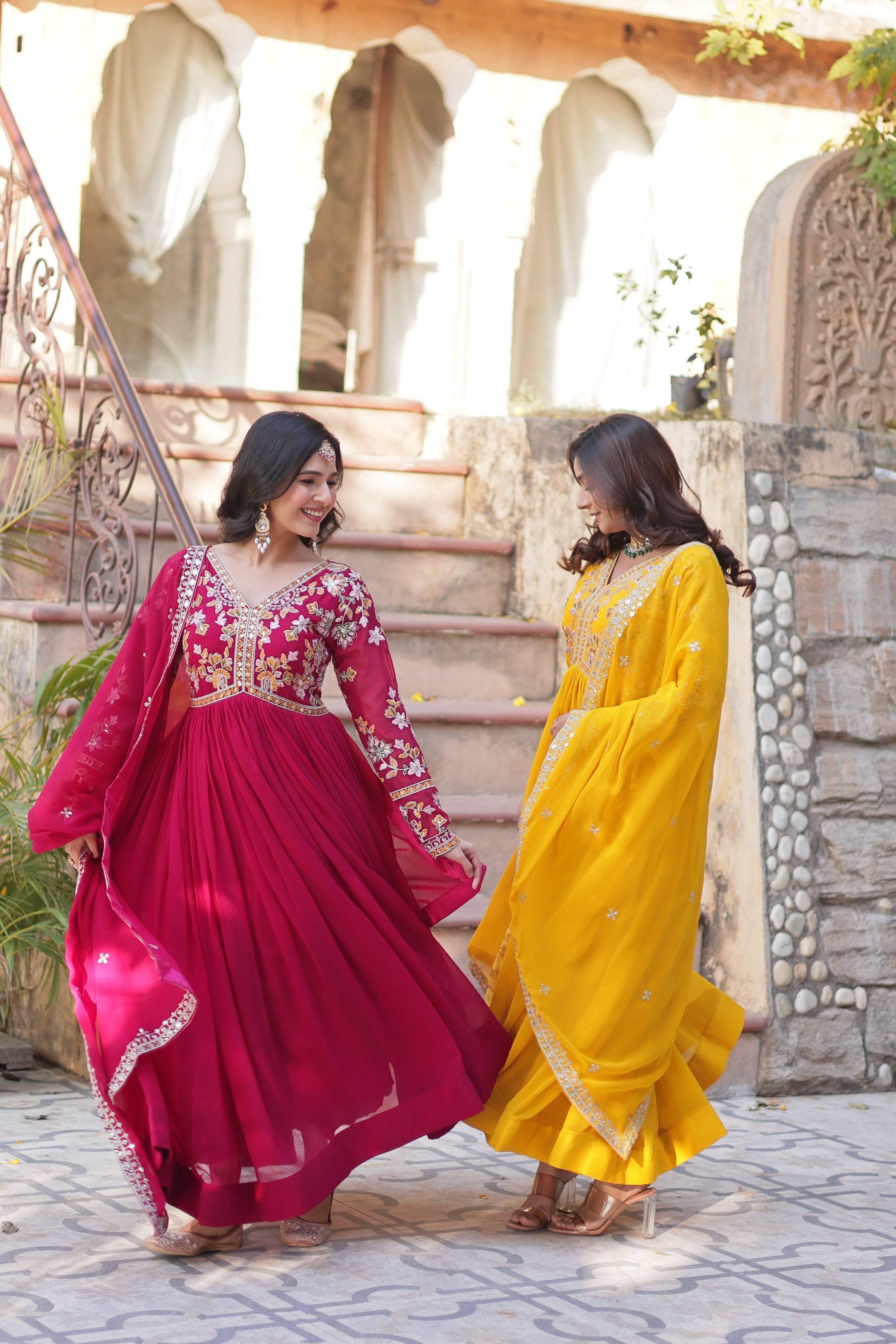 Pink & Yellow Faux Blooming Embroidered Anarkali Set
