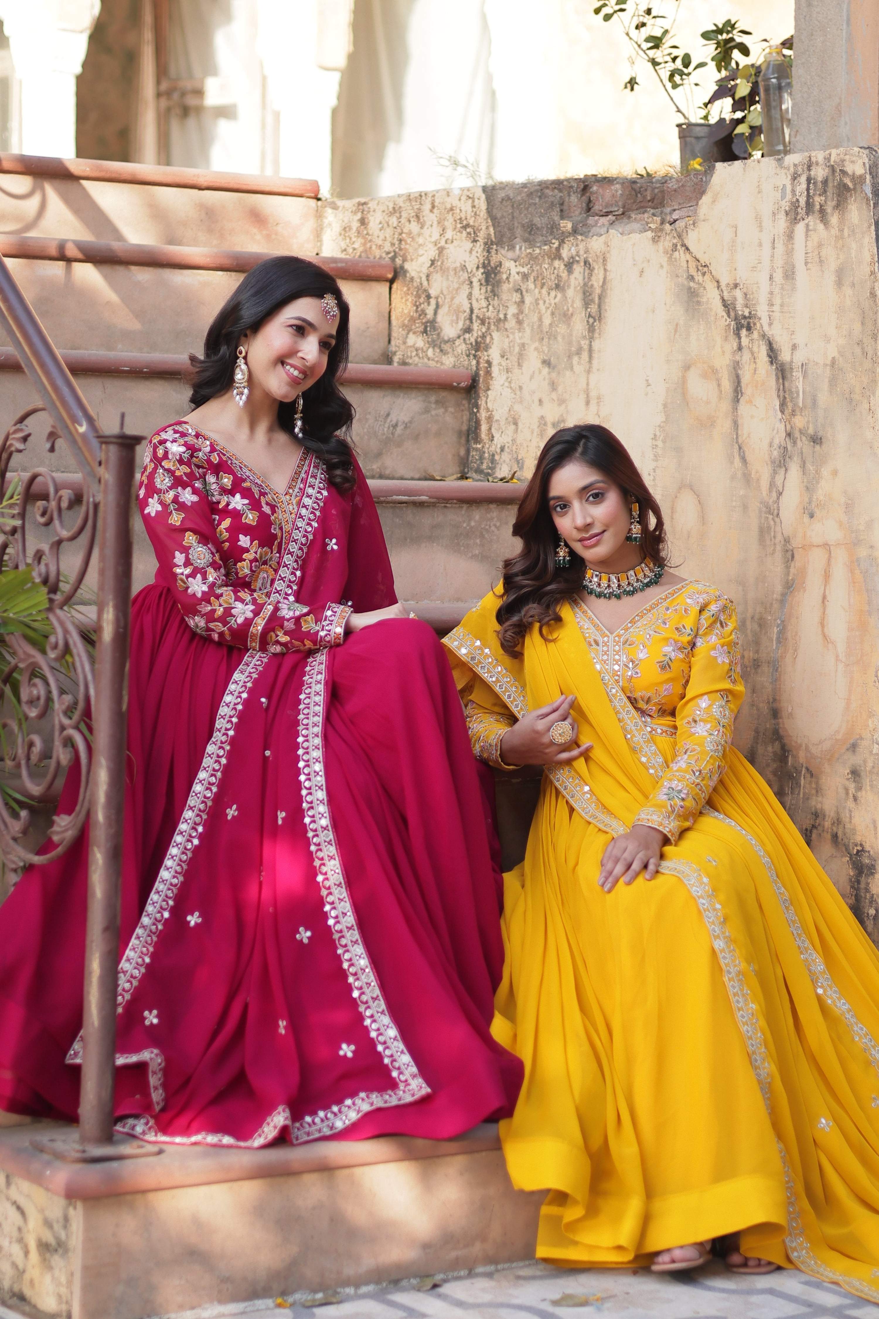 Pink & Yellow Faux Blooming Embroidered Anarkali Set