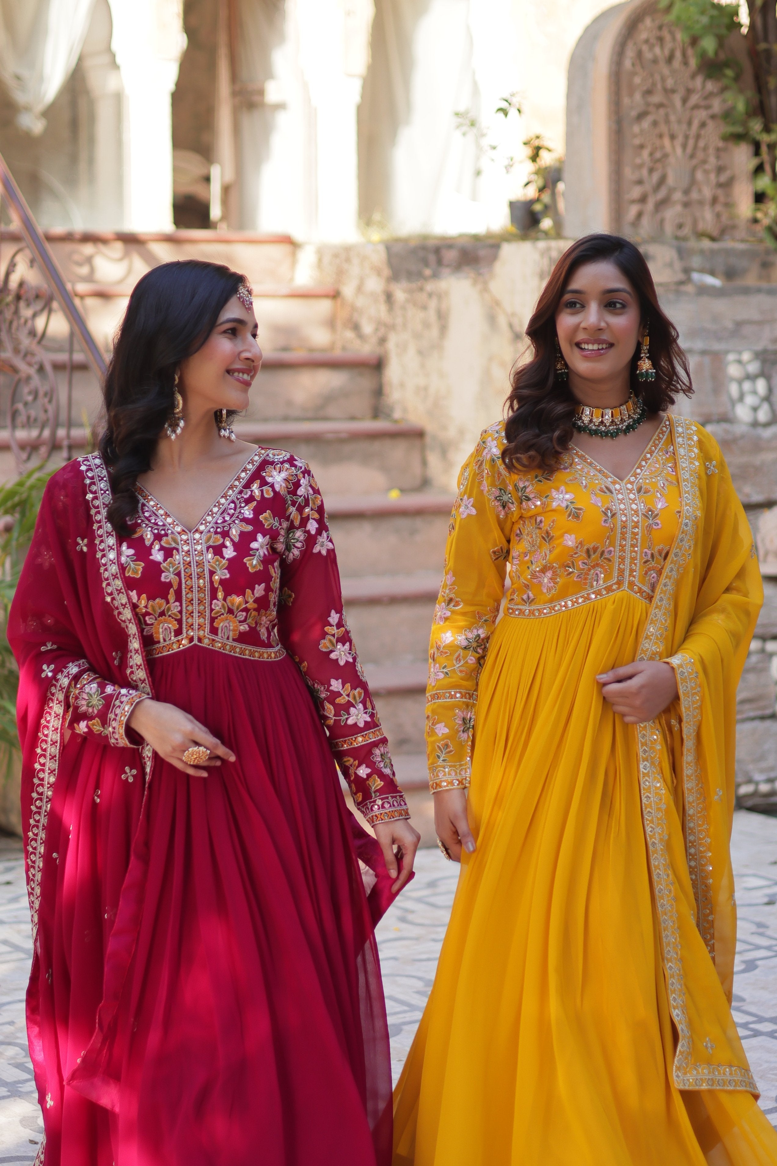 Pink & Yellow Faux Blooming Embroidered Anarkali Set