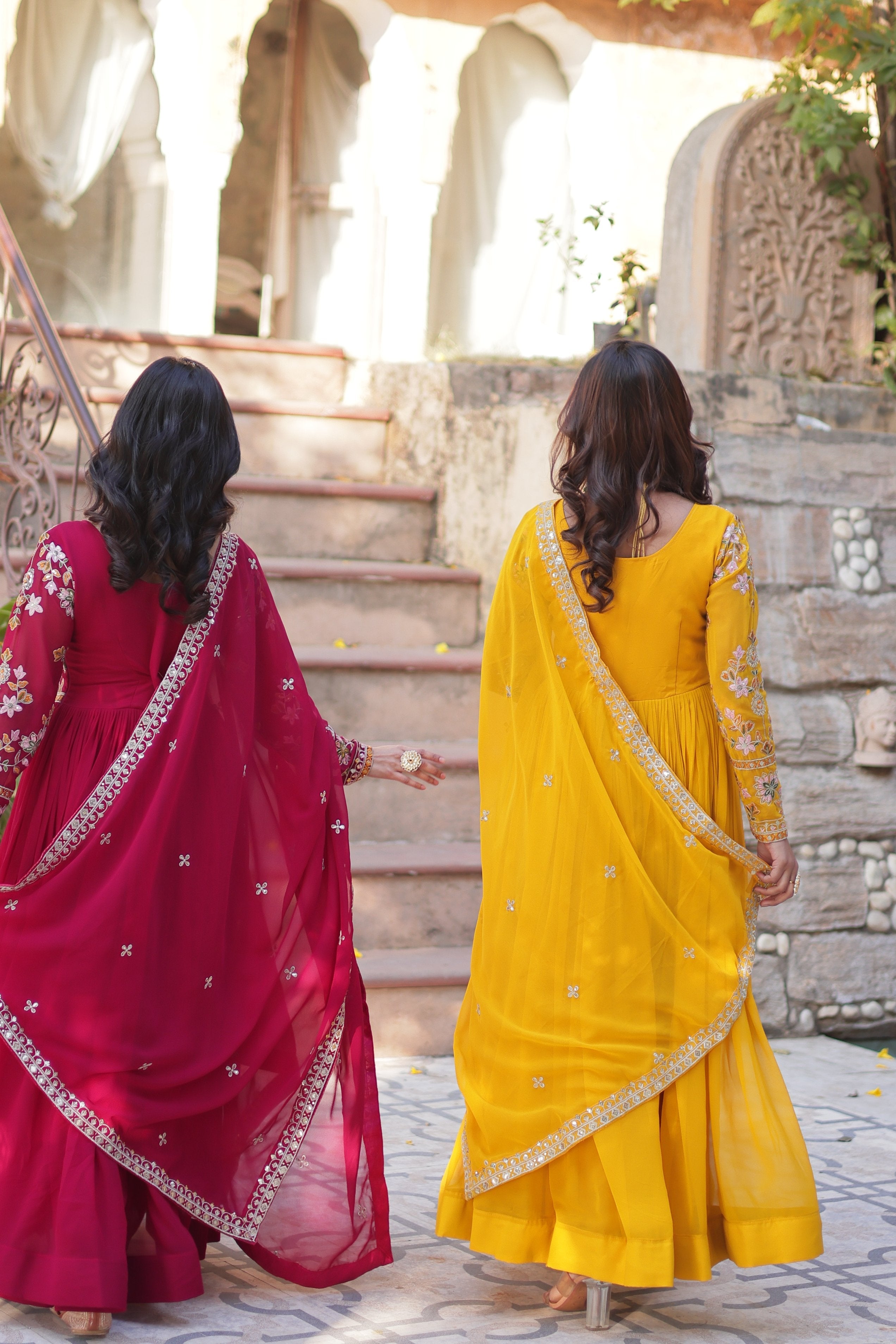 Pink & Yellow Faux Blooming Embroidered Anarkali Set