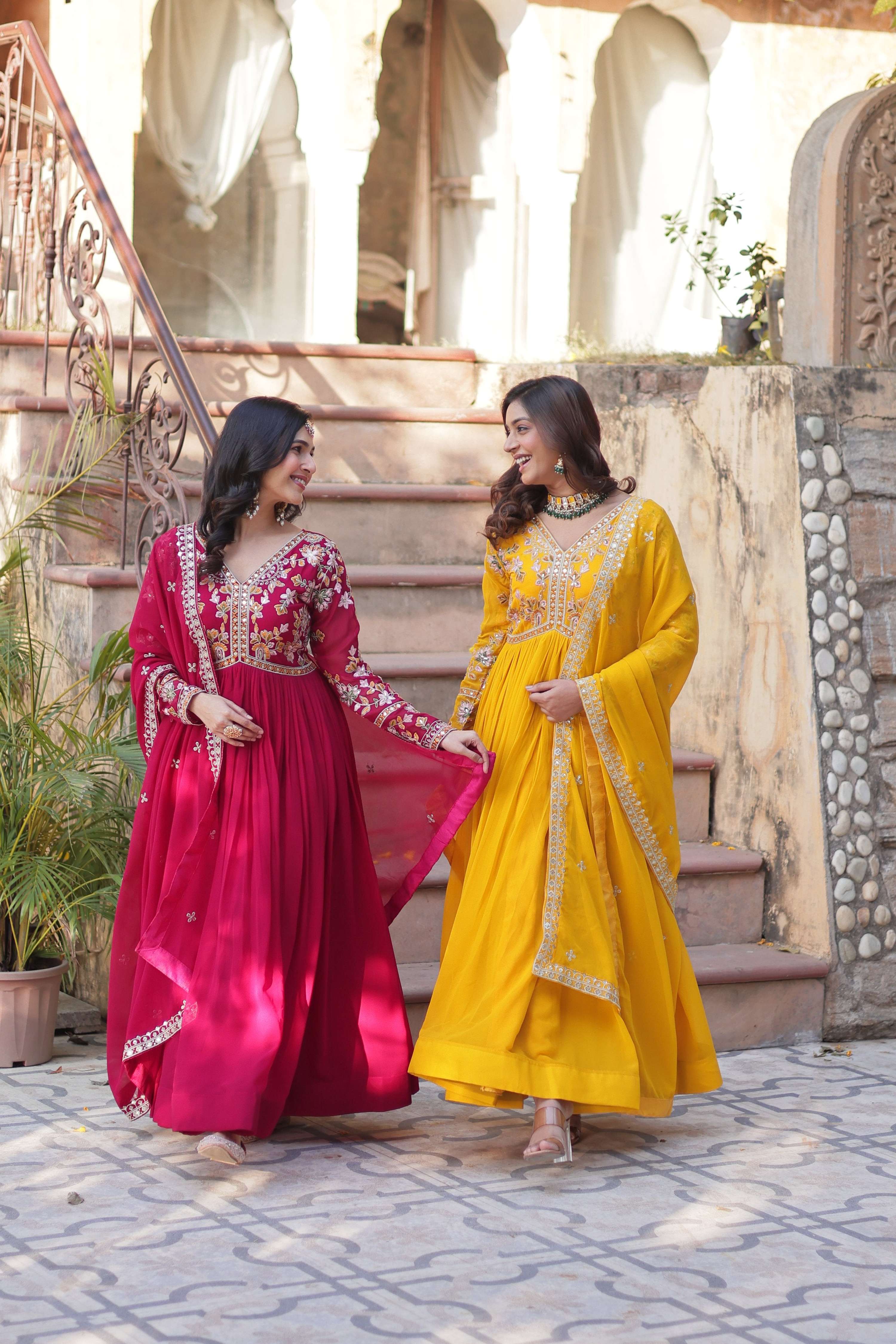 Pink and yellow faux blooming Anarkali set with sequin and zari embroidery and matching dupatta