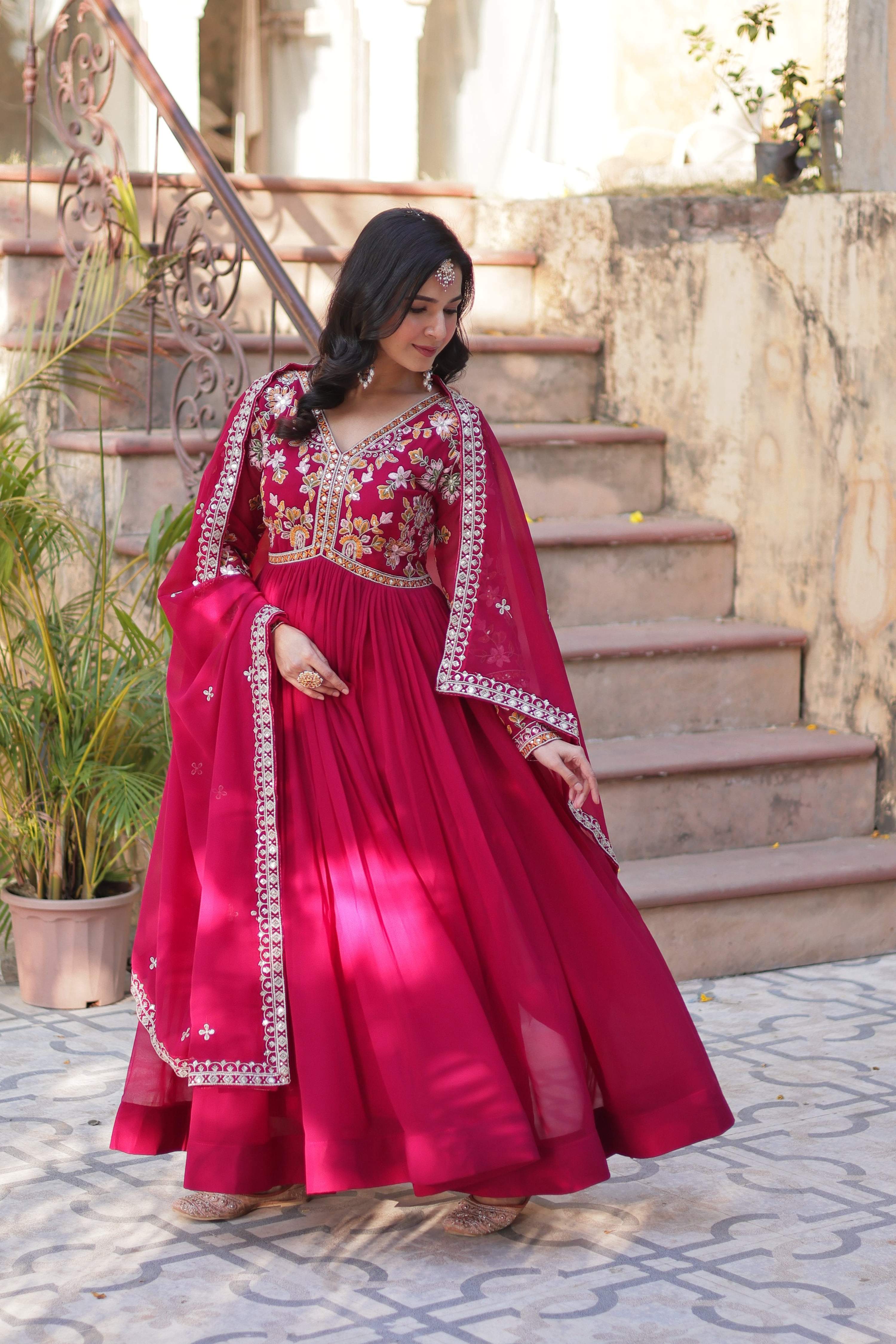 Pink Faux Blooming Sequins Embroidered Anarkali Set with Dupatta
