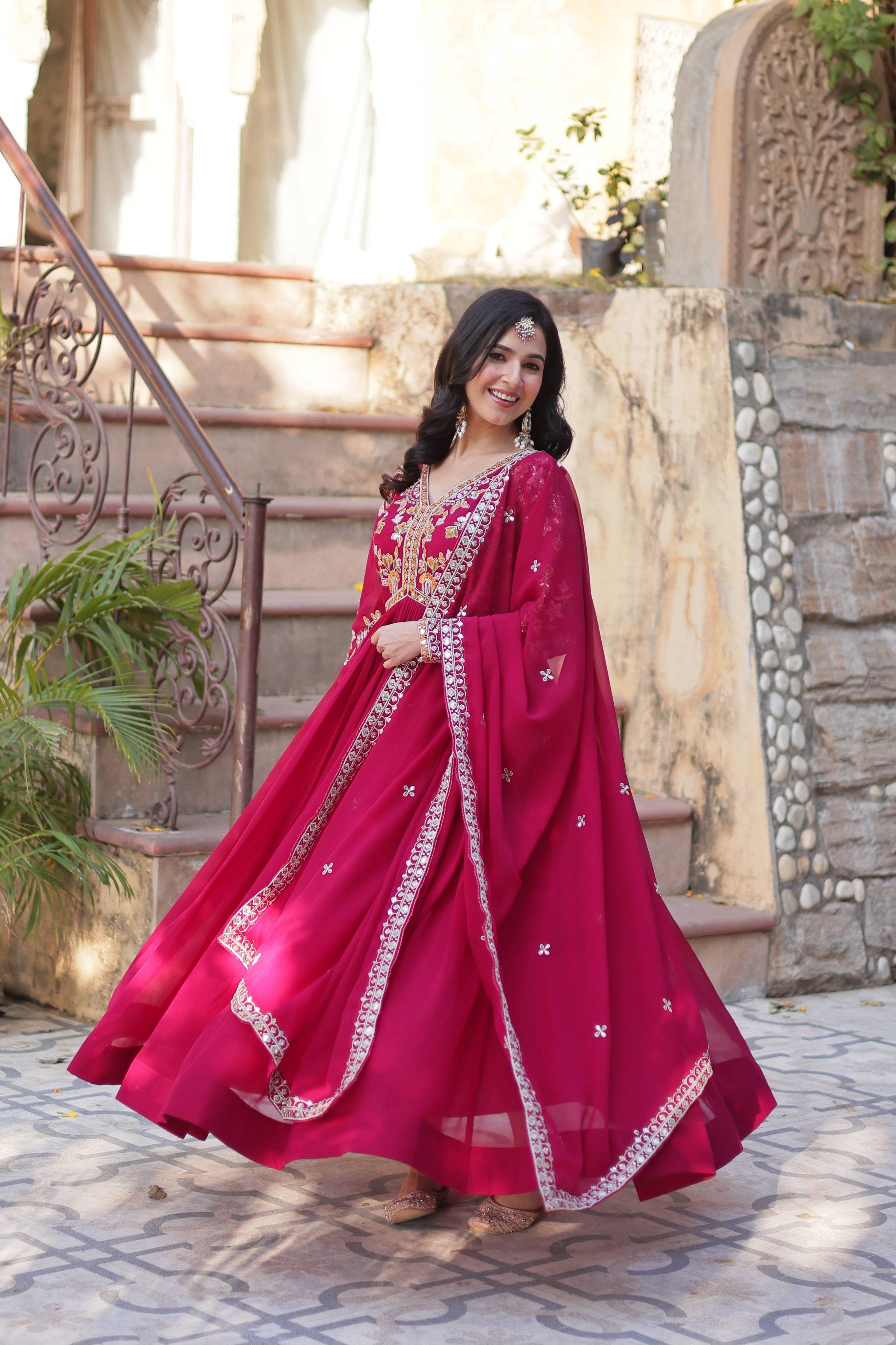 Pink Faux Blooming Anarkali set with sequin embroidery and matching dupatta