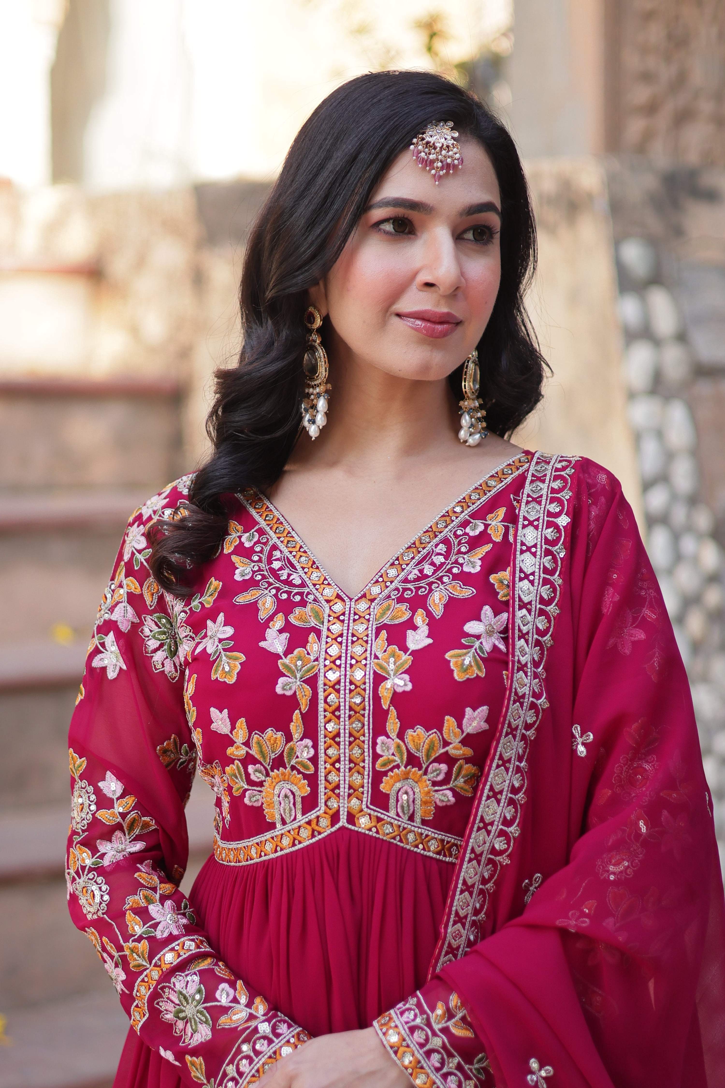 Pink Faux Blooming Sequins Embroidered Anarkali Set with Dupatta