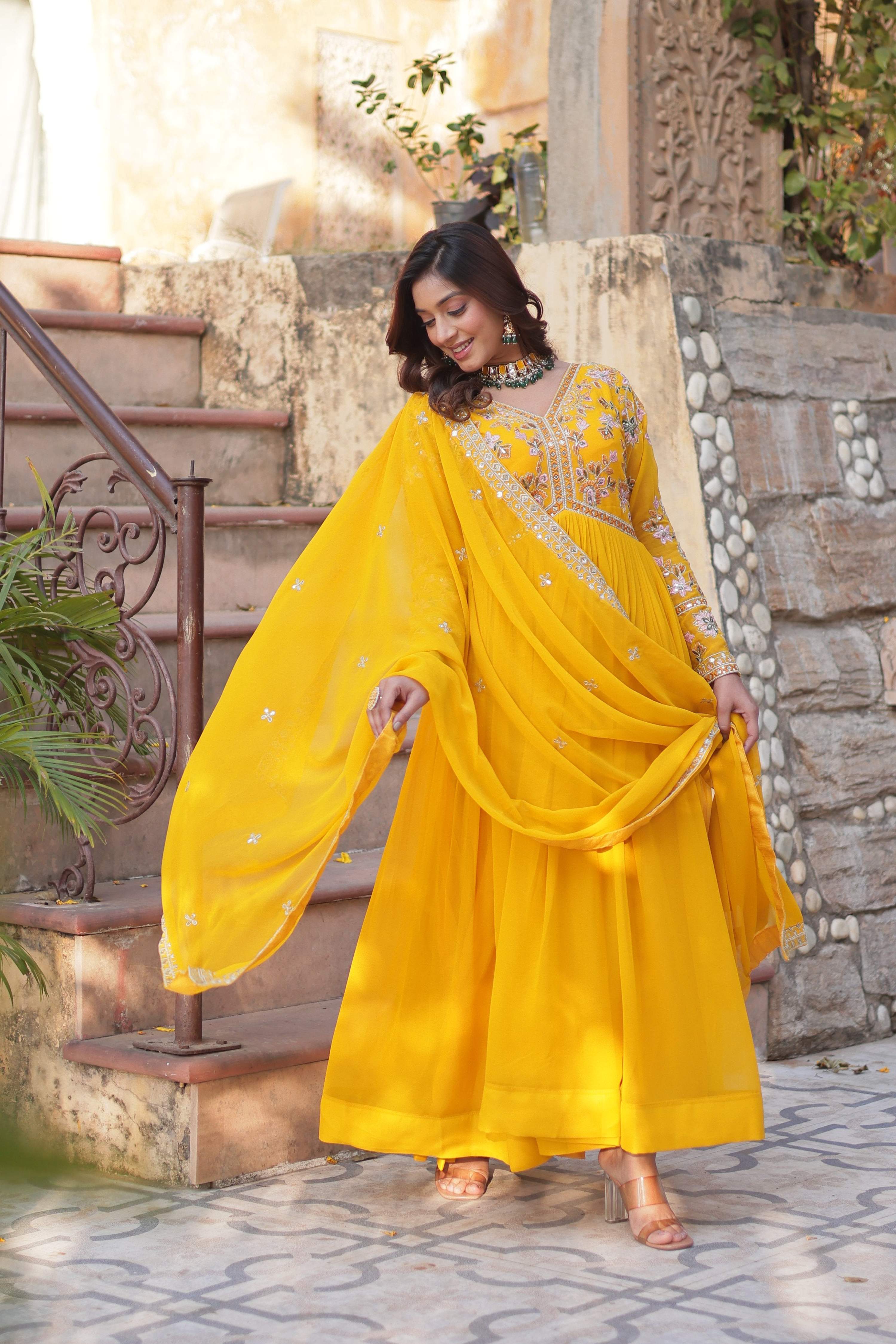 Yellow Faux Blooming Embroidered Anarkali Set with Dupatta