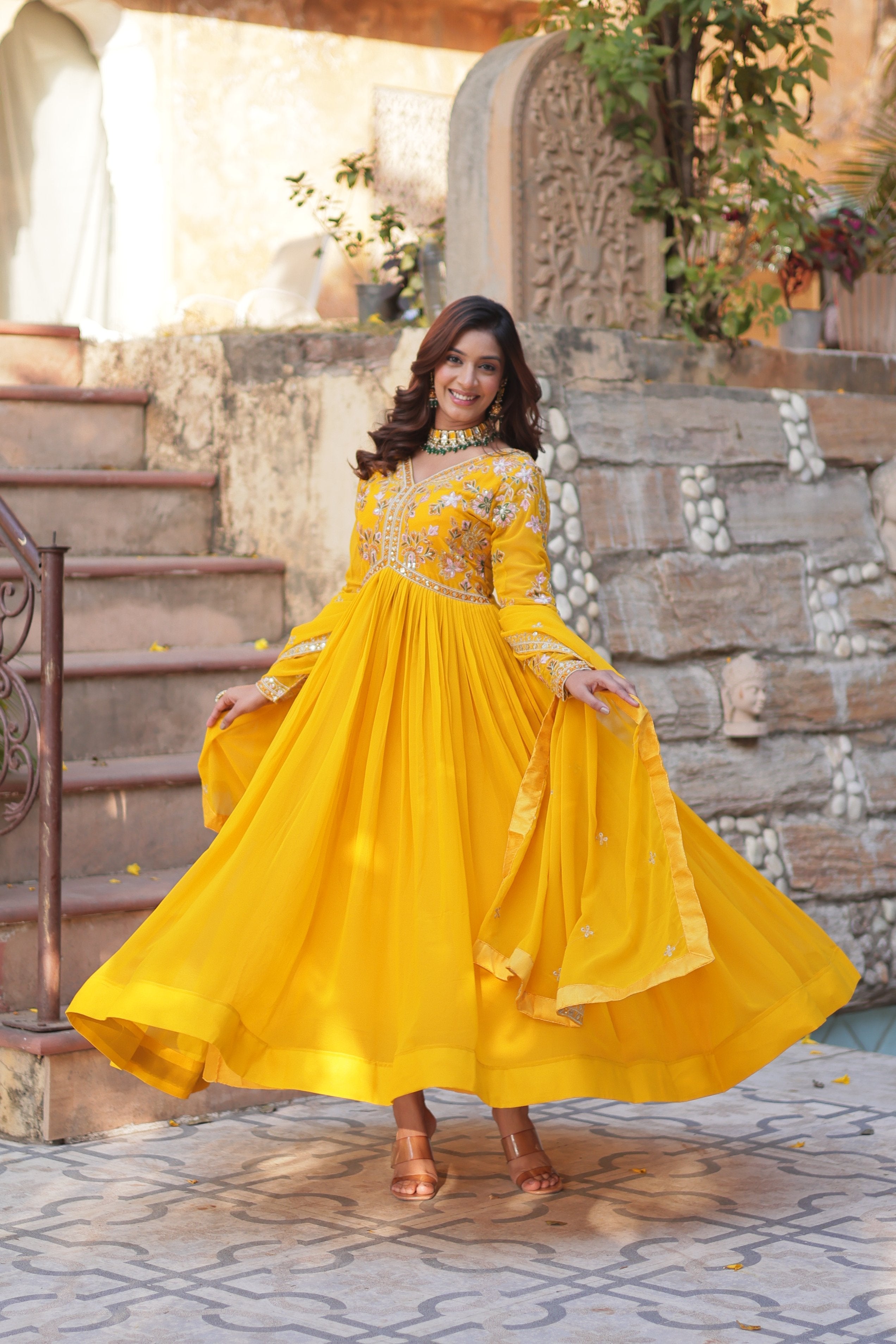 Yellow Faux Blooming Embroidered Anarkali Set with Dupatta