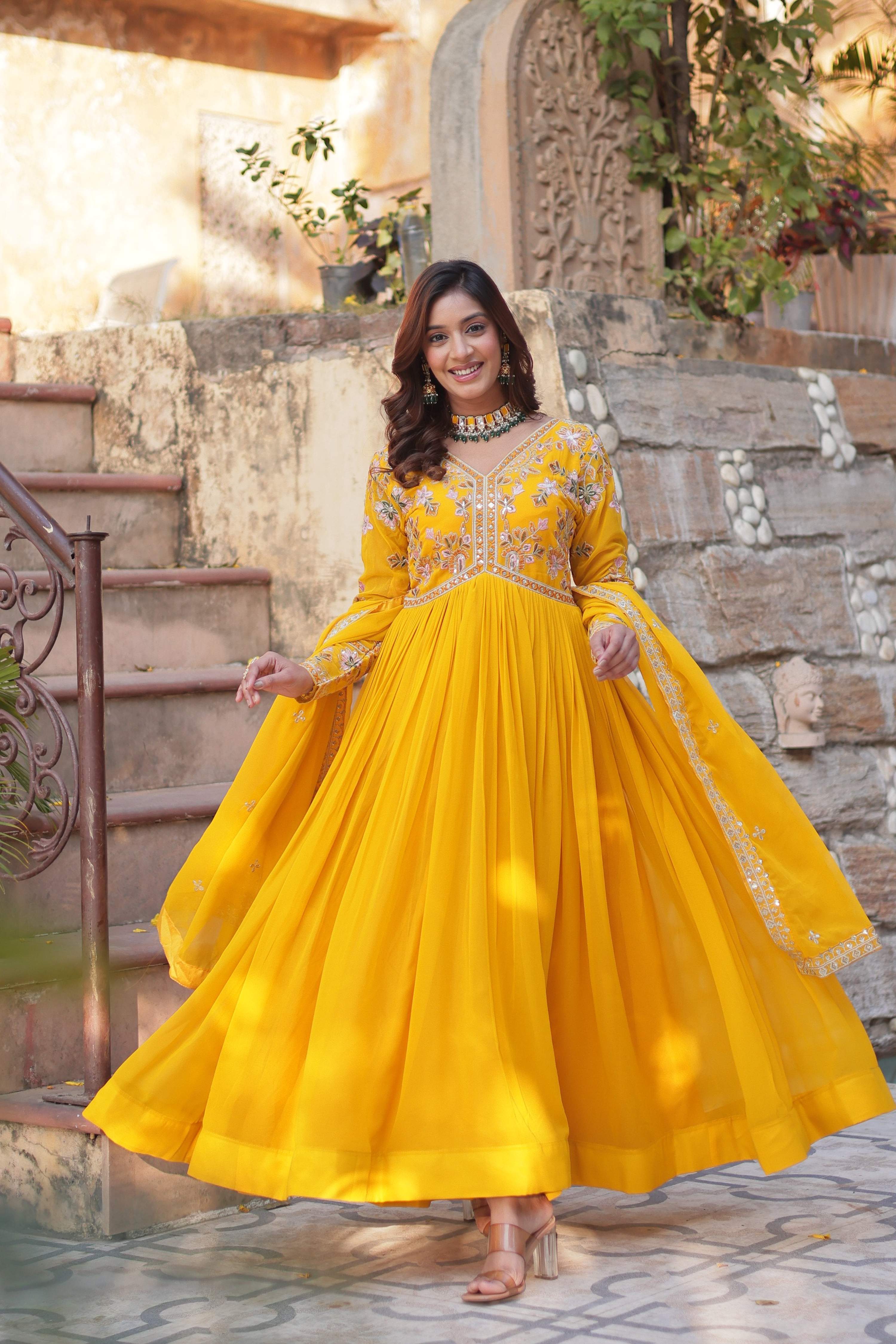 Yellow Faux Blooming Embroidered Anarkali Set with Dupatta