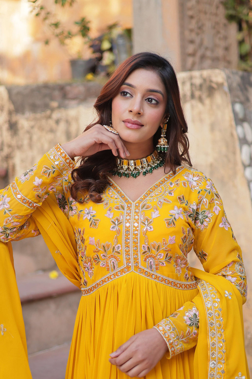 Yellow Faux Blooming Embroidered Anarkali Set with Dupatta