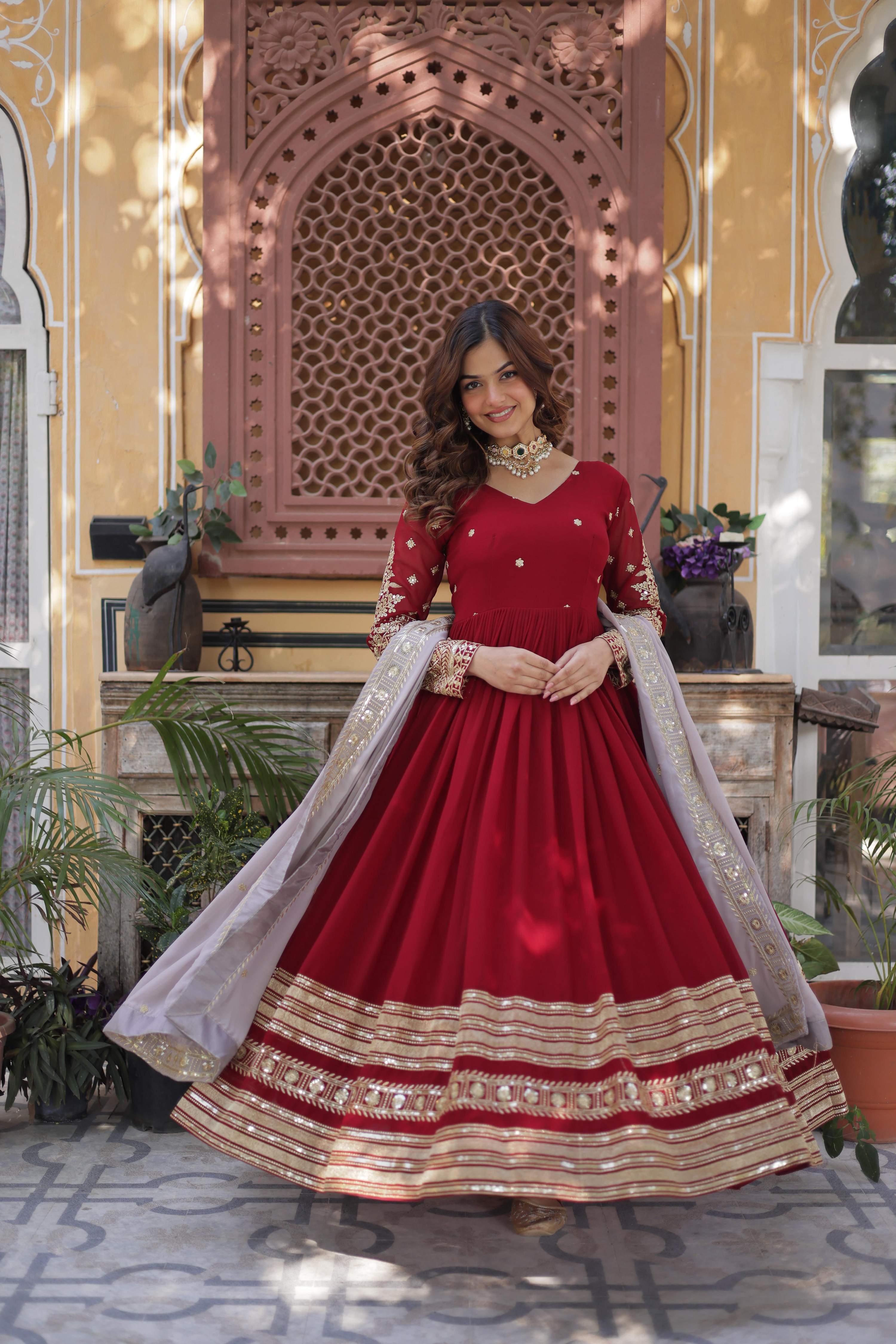 Maroon Faux Blooming Embroidered Anarkali Set with Dupatta
