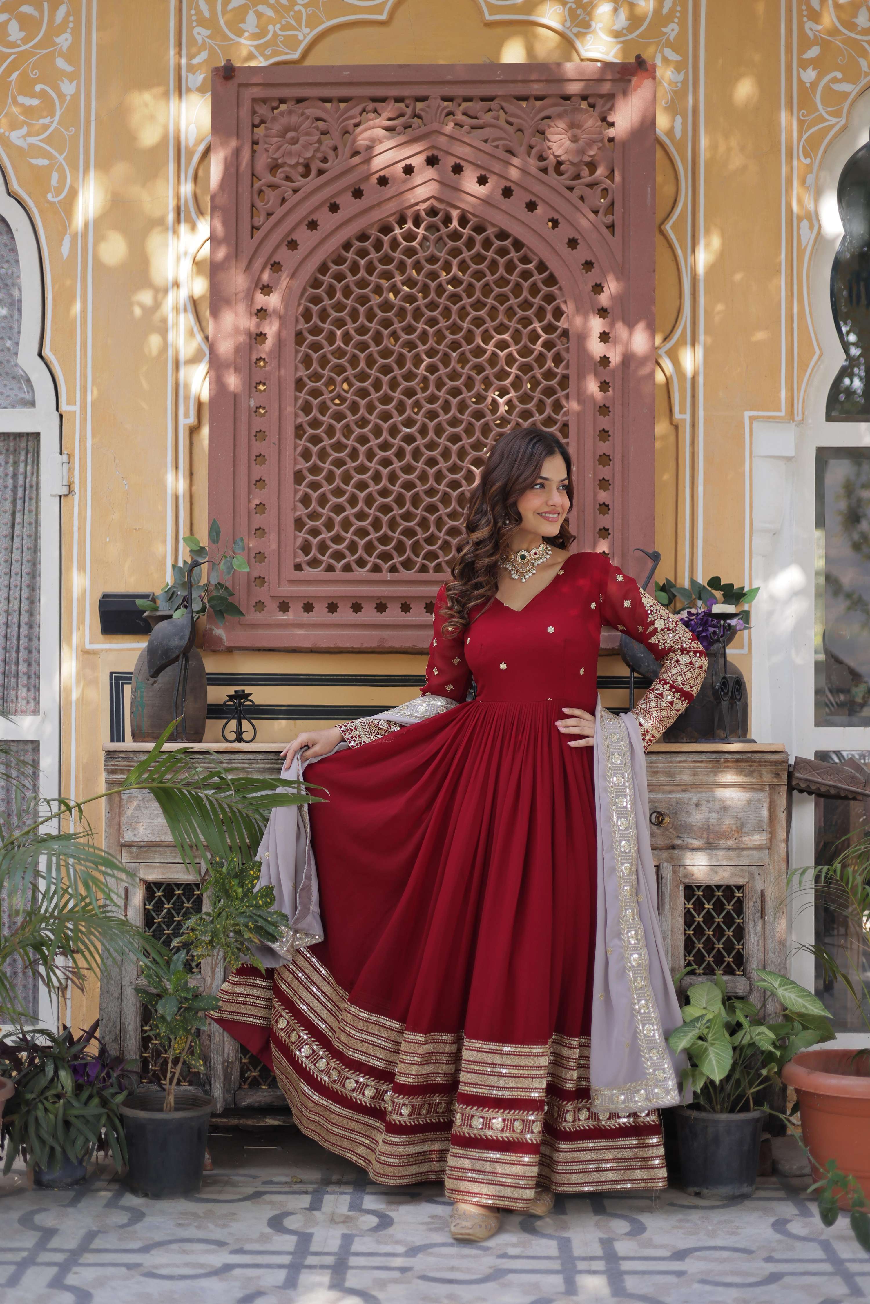 Maroon Faux Blooming Embroidered Anarkali Set with Dupatta
