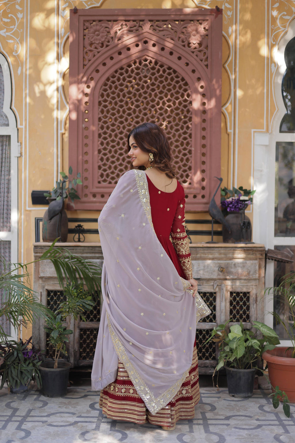 Maroon Faux Blooming Embroidered Anarkali Set with Dupatta